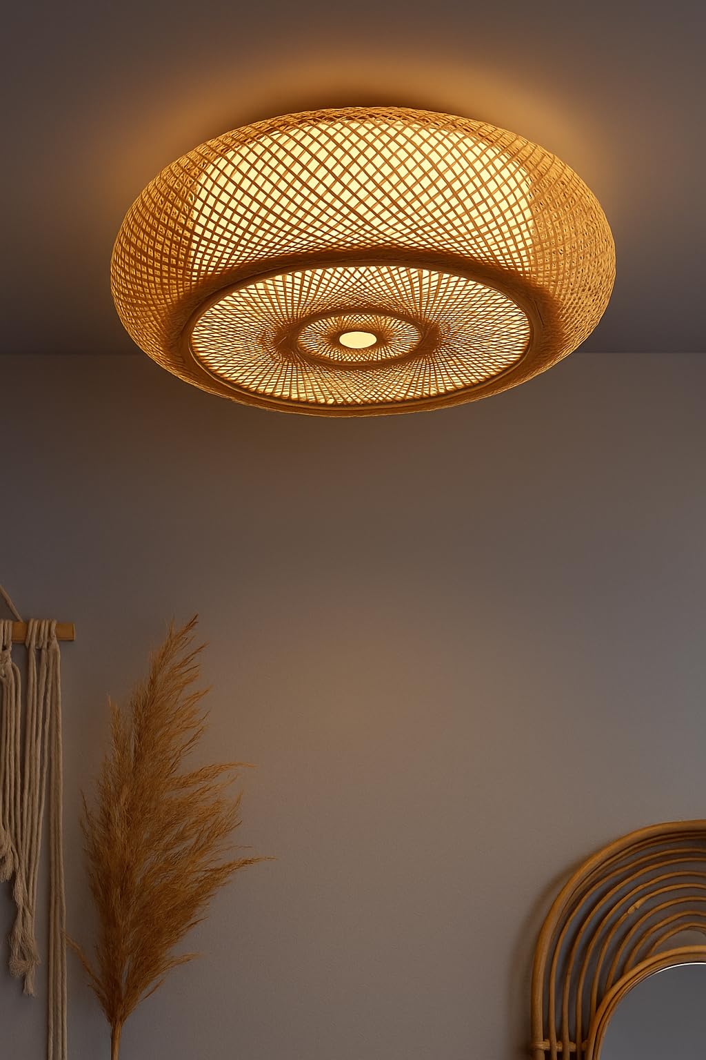 AKWAY Rattan Hanging lamp for Living Room | Bamboo Hanging Light for Bedroom | Cane Wicker Pendant lamp for Home Decoration (Bulb Not Included) (Bamboo Ceiling Lamp with Diffuser)