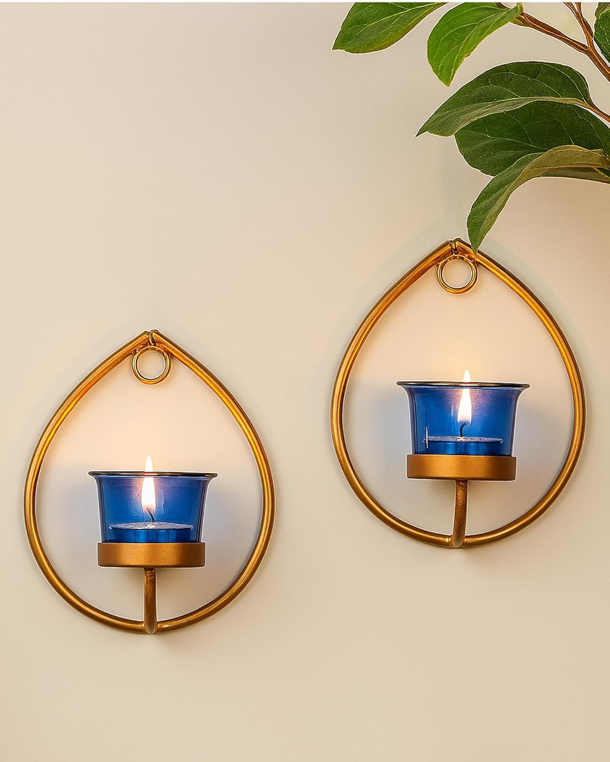 Homesake® Wall Candle Sconce Set of 2 Wrought Iron Candle Holder Hanging Wall Mounted Candle Sconces for Living Room Home Decor, Black with Glass and Free T-Light Candles (Eye Yellow Gold)