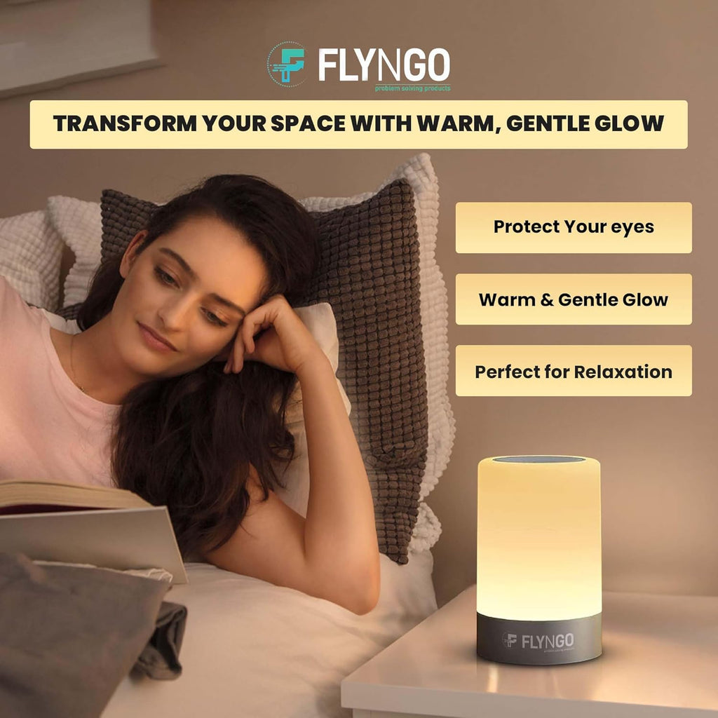 FLYNGO Touch Control LED Night Light Table Lamp for Bedroom, Living Room, and Study, with Adjustable Brightness, USB Rechargeable (A1)Plastic ,White