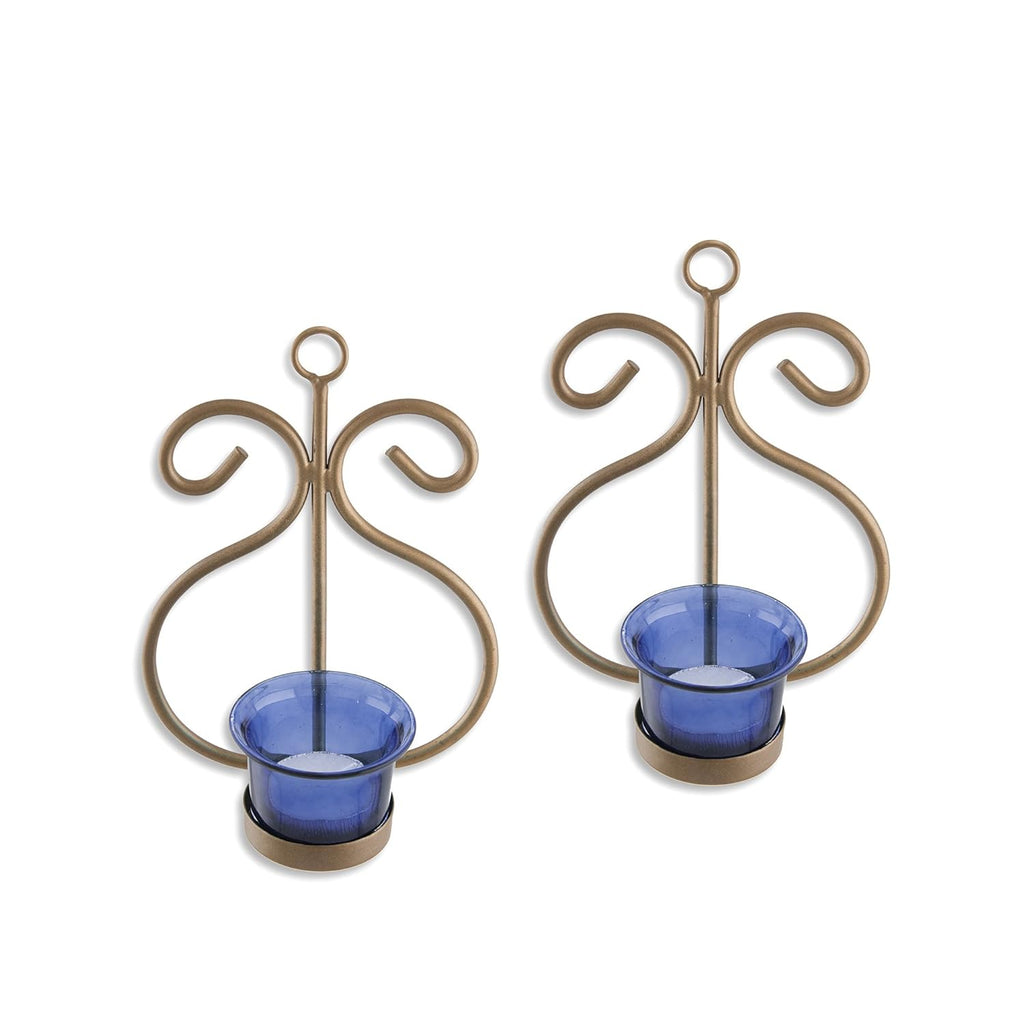 Homesake® Wall Candle Sconce Set of 2 Wrought Iron Candle Holder Hanging Wall Mounted Candle Sconces for Living Room Home Decor, Black with Glass and Free T-Light Candles (Eye Yellow Gold)