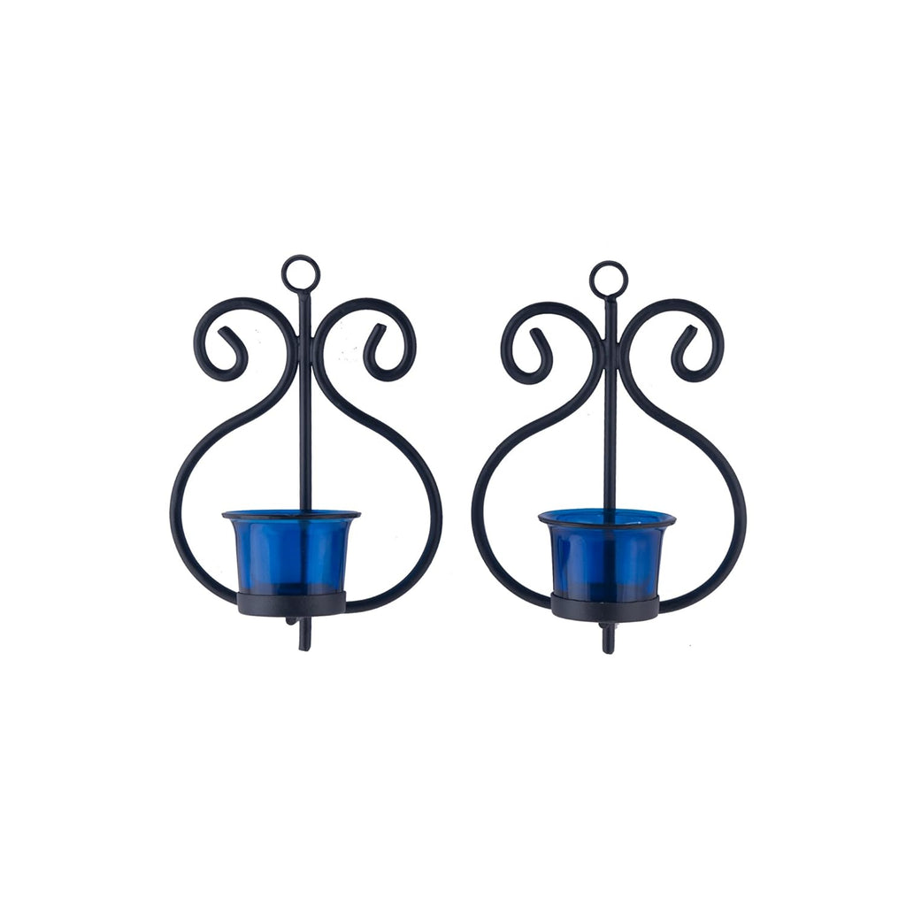 Homesake® Wall Candle Sconce Set of 2 Wrought Iron Candle Holder Hanging Wall Mounted Candle Sconces for Living Room Home Decor, Black with Glass and Free T-Light Candles (Eye Yellow Gold)