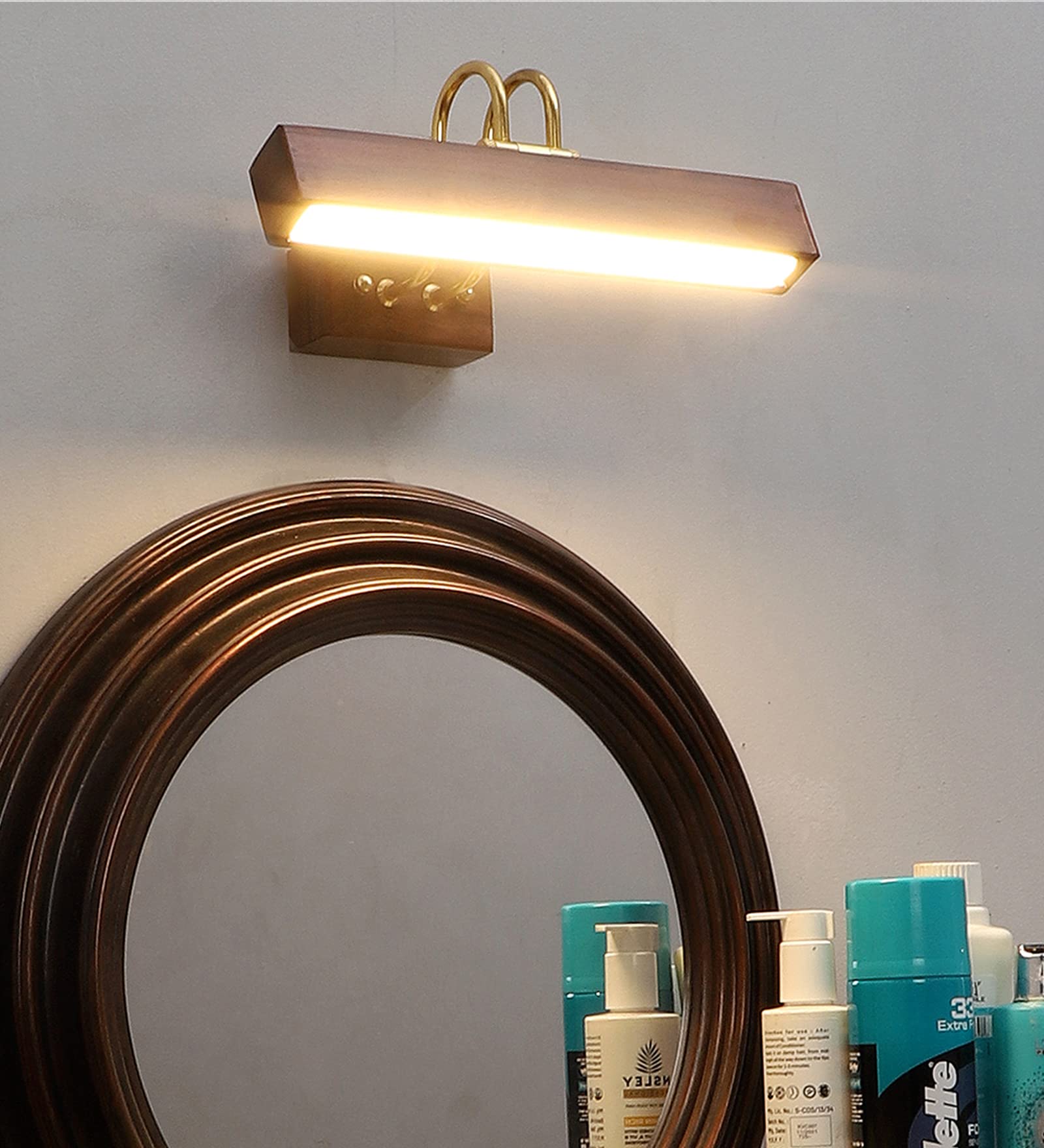 Green House Handmade Sheesham Wood Wall Light for Dressing Table/Mirror/Vanity/Bedroom/Bathroom/Living Room with 10W in-Built Tri-Colour LED/9 inches Wide/Gold Plated Brass Bands/Rivets/Moving Set