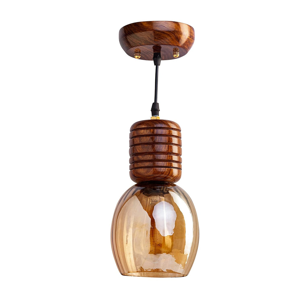 Green House Handmade Sheesham Wood Hanging Pendant Ceiling Jhumar | Home Decor Lighting | E27 Bulb Holder(Bulb not Included) | Lustre Glass | Living Room, Dining Room, Bedroom, Hallway