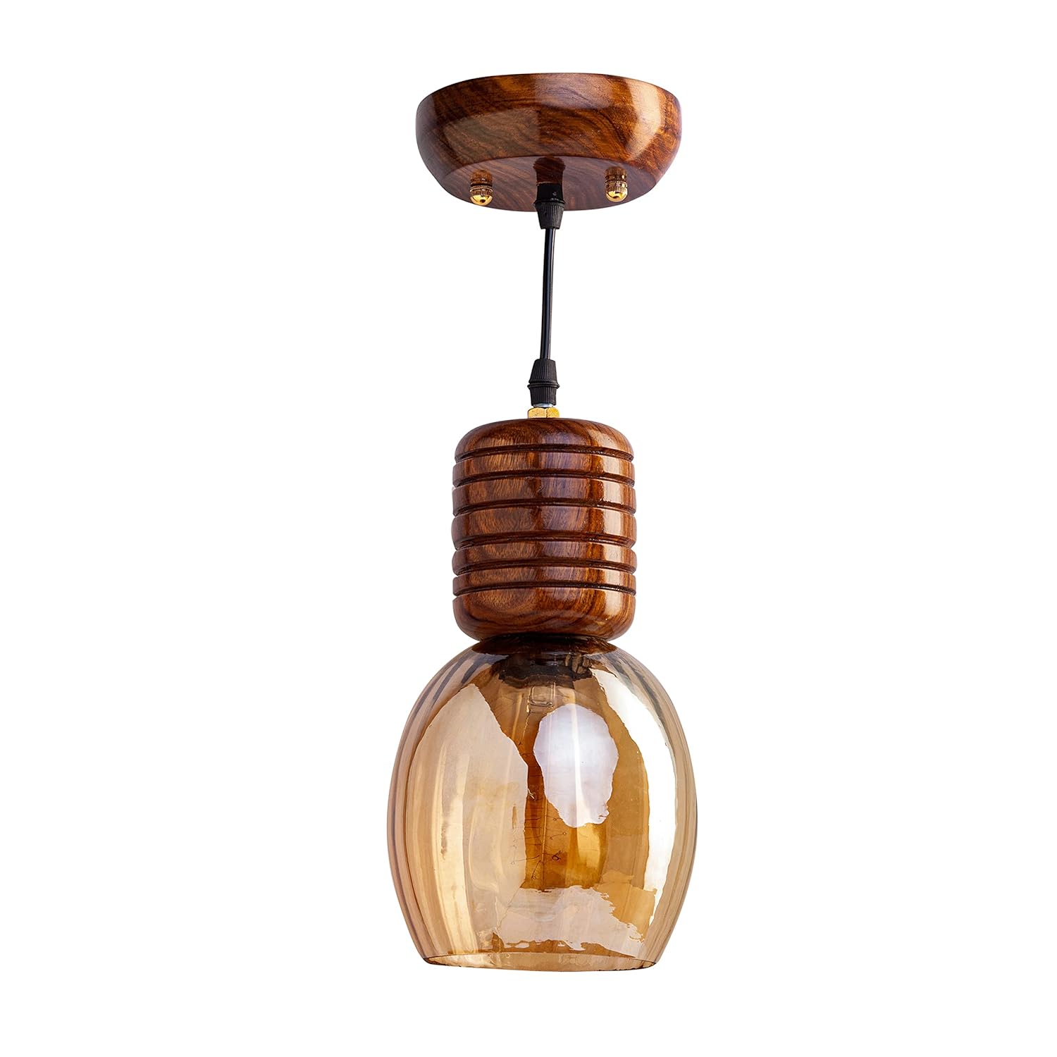 Green House Handmade Sheesham Wood Hanging Pendant Ceiling Jhumar | Home Decor Lighting | E27 Bulb Holder(Bulb not Included) | Lustre Glass | Living Room, Dining Room, Bedroom, Hallway