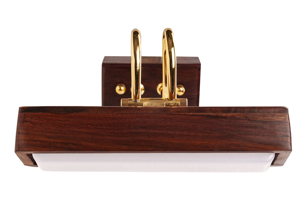 Green House Handmade Sheesham Wood Wall Light for Dressing Table/Mirror/Vanity/Bedroom/Bathroom/Living Room with 10W in-Built Tri-Colour LED/9 inches Wide/Gold Plated Brass Bands/Rivets/Moving Set