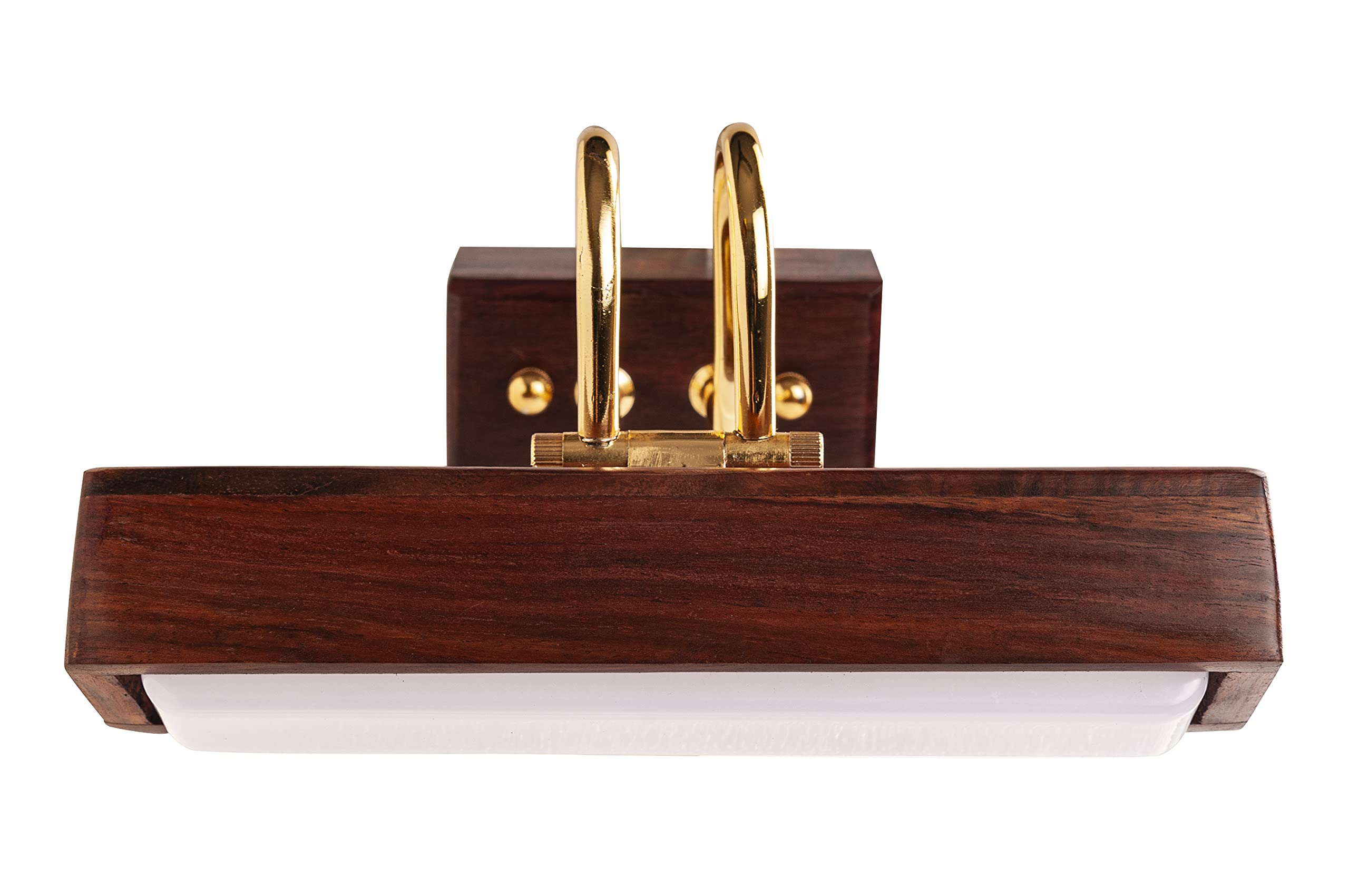 Green House Handmade Sheesham Wood Wall Light for Dressing Table/Mirror/Vanity/Bedroom/Bathroom/Living Room with 10W in-Built Tri-Colour LED/9 inches Wide/Gold Plated Brass Bands/Rivets/Moving Set