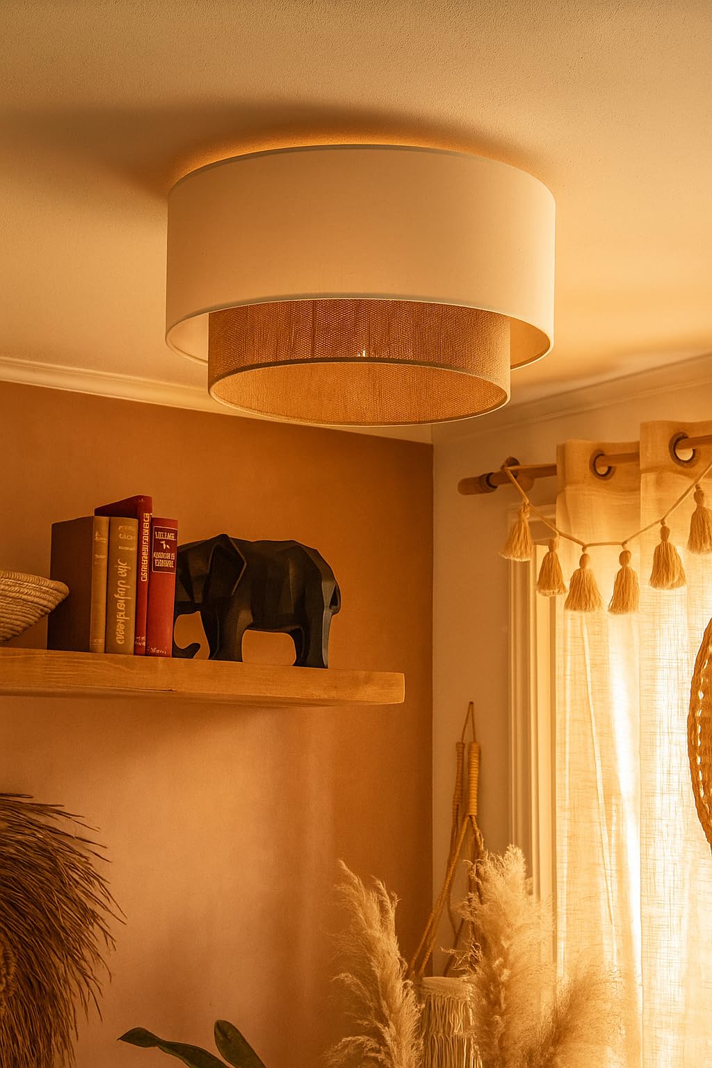 AKWAY Jute Hanging Lamp | Boho Ceiling Lamp for Bedroom, Living Room | Natural Jute Pendant Light | Perfect for Living Room, Dining Room or Office Lighting - (14" D x 10") - Tejas