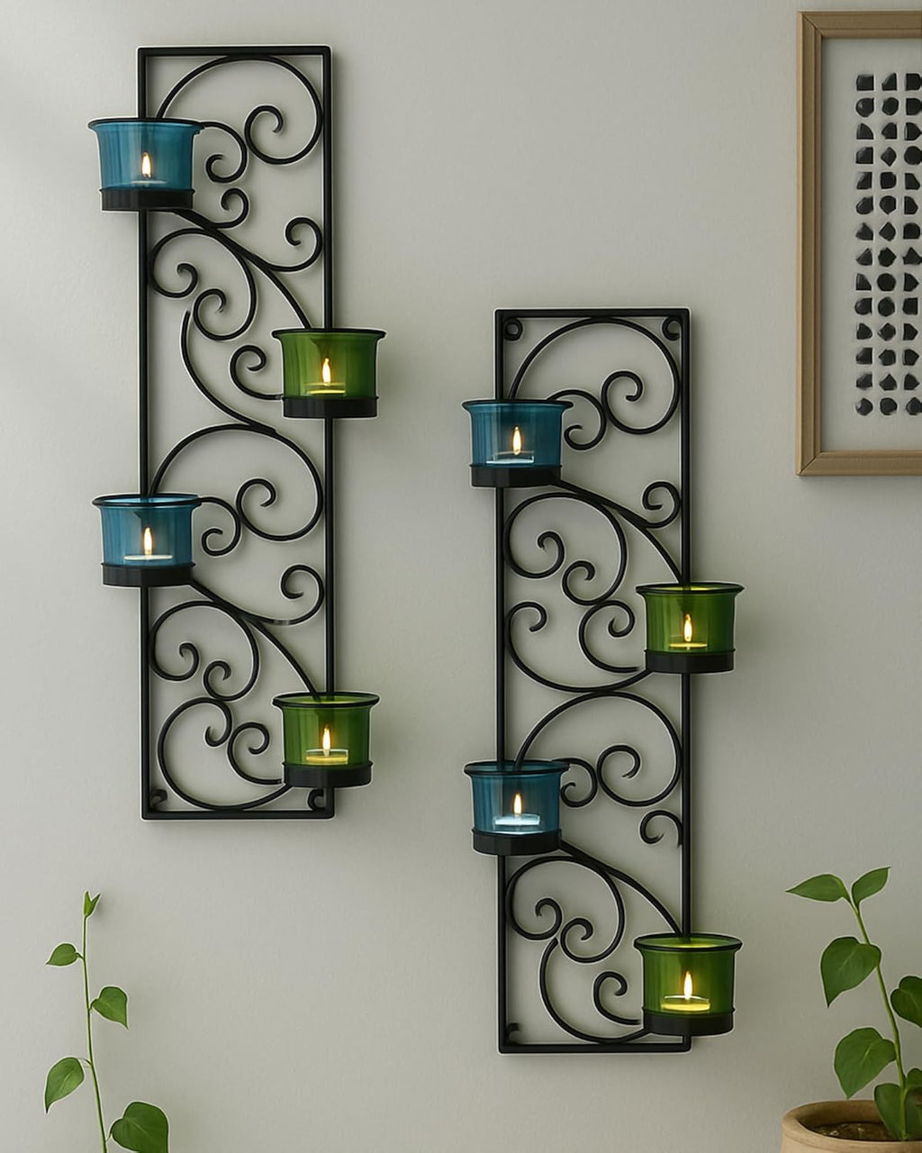 Homesake® Wall Candle Sconce Set of 2 Wrought Iron Candle Holder Hanging Wall Mounted Candle Sconces for Living Room Home Decor, Black with Glass and Free T-Light Candles (Eye Yellow Gold)
