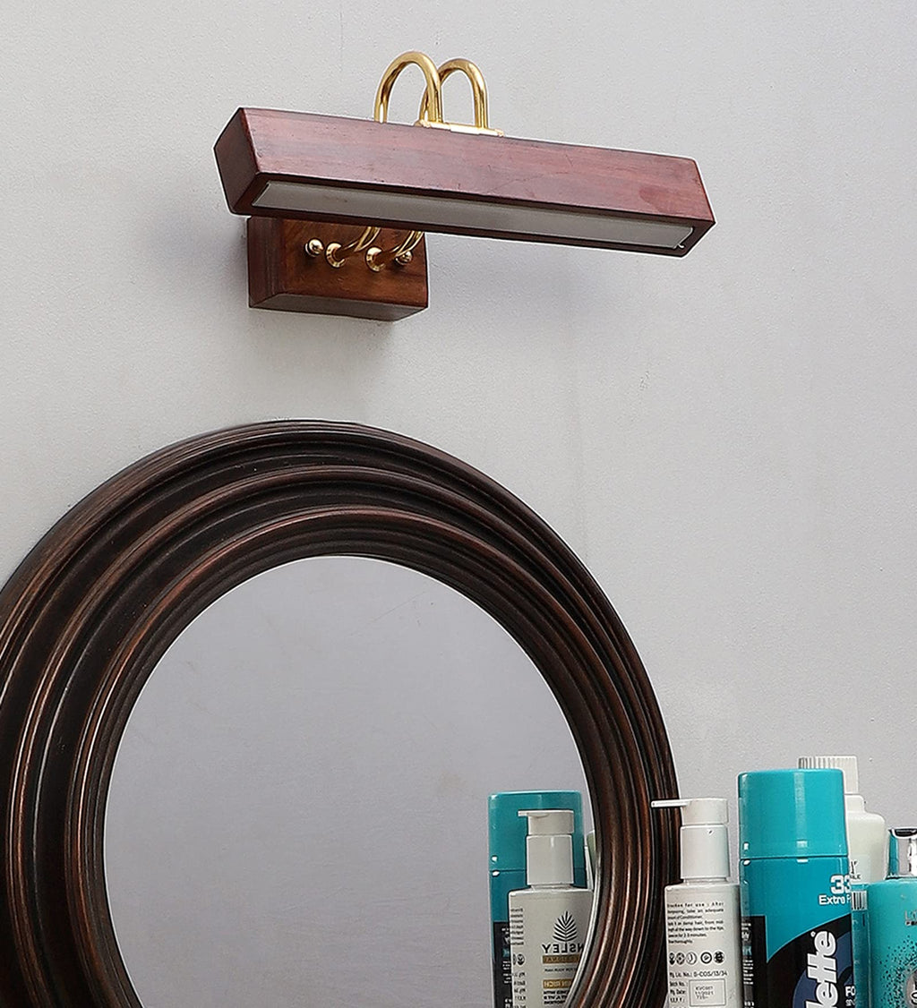 Green House Handmade Sheesham Wood Wall Light for Dressing Table/Mirror/Vanity/Bedroom/Bathroom/Living Room with 10W in-Built Tri-Colour LED/9 inches Wide/Gold Plated Brass Bands/Rivets/Moving Set