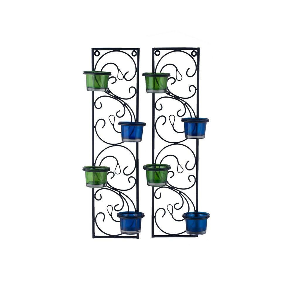 Homesake® Wall Candle Sconce Set of 2 Wrought Iron Candle Holder Hanging Wall Mounted Candle Sconces for Living Room Home Decor, Black with Glass and Free T-Light Candles (Eye Yellow Gold)