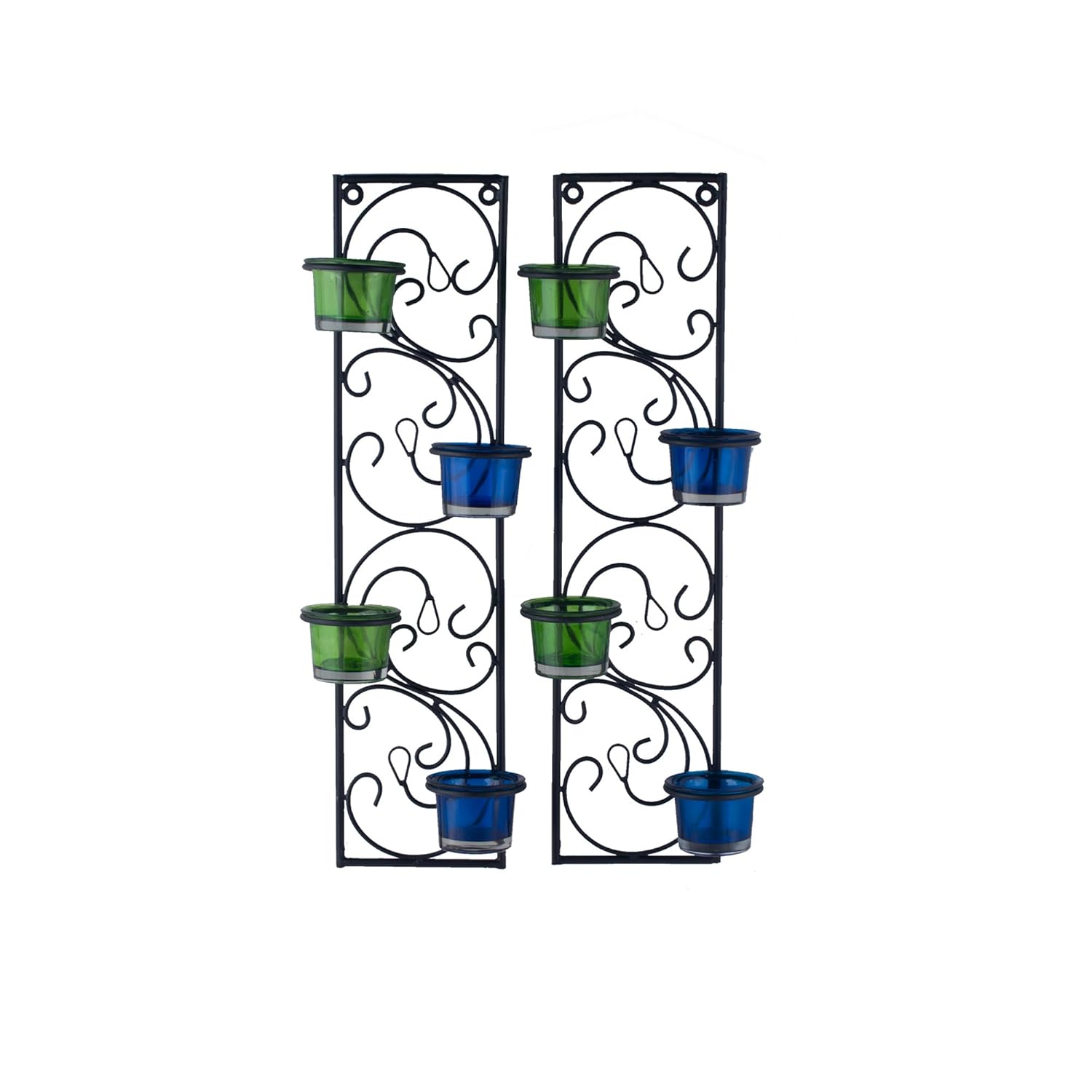 Homesake® Wall Candle Sconce Set of 2 Wrought Iron Candle Holder Hanging Wall Mounted Candle Sconces for Living Room Home Decor, Black with Glass and Free T-Light Candles (Eye Yellow Gold)