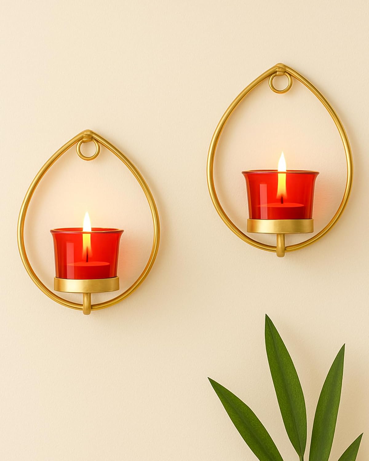 Homesake® Wall Candle Sconce Set of 2 Wrought Iron Candle Holder Hanging Wall Mounted Candle Sconces for Living Room Home Decor, Black with Glass and Free T-Light Candles (Eye Yellow Gold)