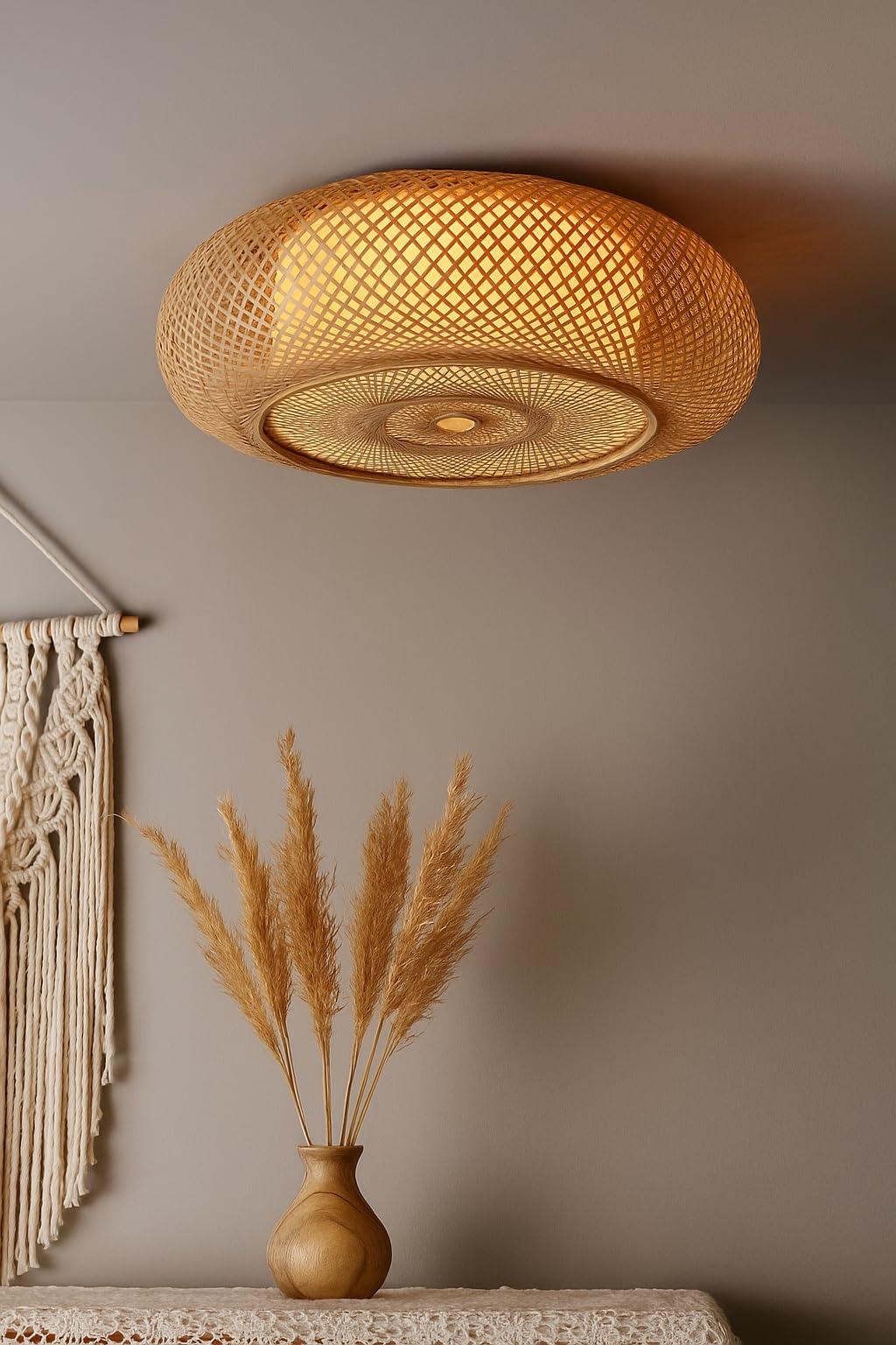 AKWAY Rattan Hanging lamp for Living Room | Bamboo Hanging Light for Bedroom | Cane Wicker Pendant lamp for Home Decoration (Bulb Not Included) (Bamboo Ceiling Lamp with Diffuser)