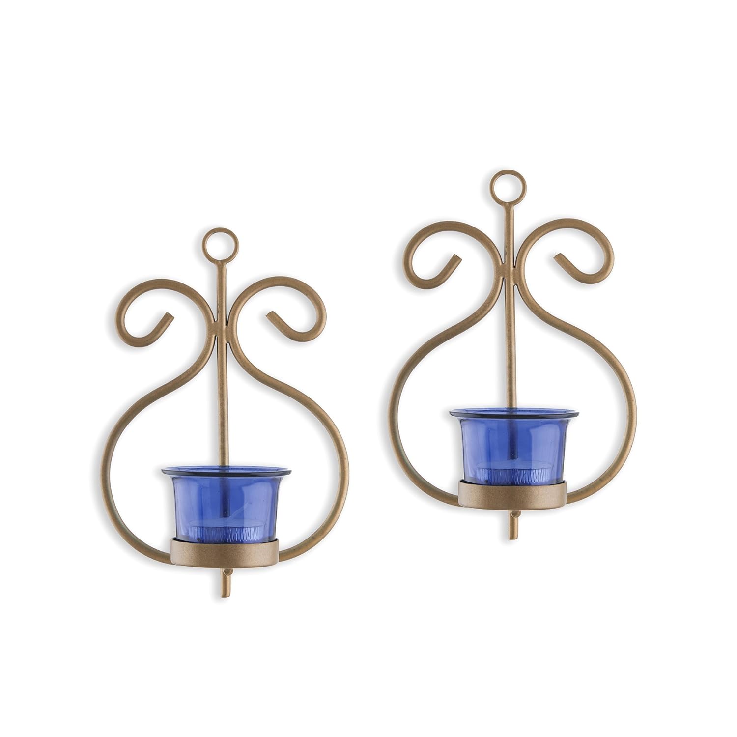 Homesake® Wall Candle Sconce Set of 2 Wrought Iron Candle Holder Hanging Wall Mounted Candle Sconces for Living Room Home Decor, Black with Glass and Free T-Light Candles (Eye Yellow Gold)