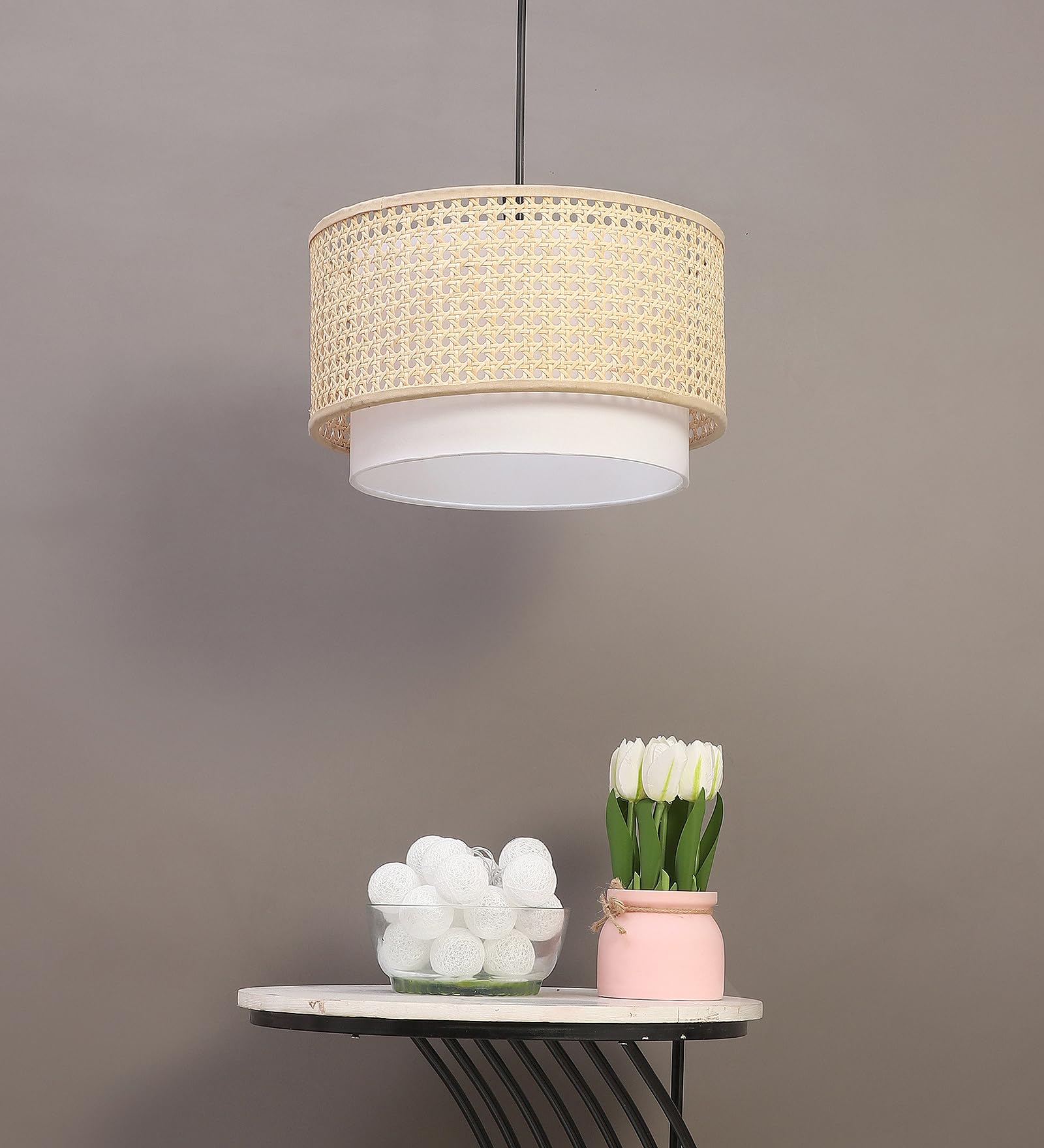 AKWAY Bamboo Hanging lamp for Living Room | Rattan Hanging lamp | Cane Pendant Light for Home Decoration (12" Dia x 6" H) (Bulb not Included)