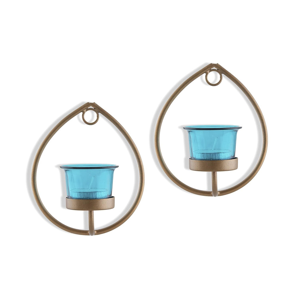 Homesake® Wall Candle Sconce Set of 2 Wrought Iron Candle Holder Hanging Wall Mounted Candle Sconces for Living Room Home Decor, Black with Glass and Free T-Light Candles (Eye Yellow Gold)