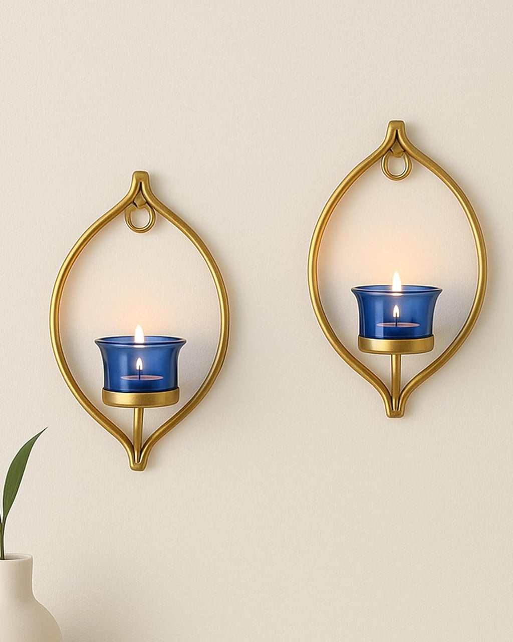 Homesake® Wall Candle Sconce Set of 2 Wrought Iron Candle Holder Hanging Wall Mounted Candle Sconces for Living Room Home Decor, Black with Glass and Free T-Light Candles (Eye Yellow Gold)