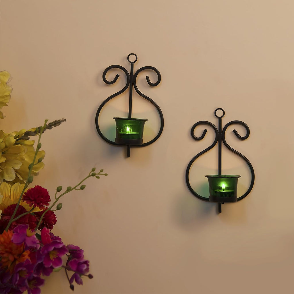 Homesake® Wall Candle Sconce Set of 2 Wrought Iron Candle Holder Hanging Wall Mounted Candle Sconces for Living Room Home Decor, Black with Glass and Free T-Light Candles (Eye Yellow Gold)