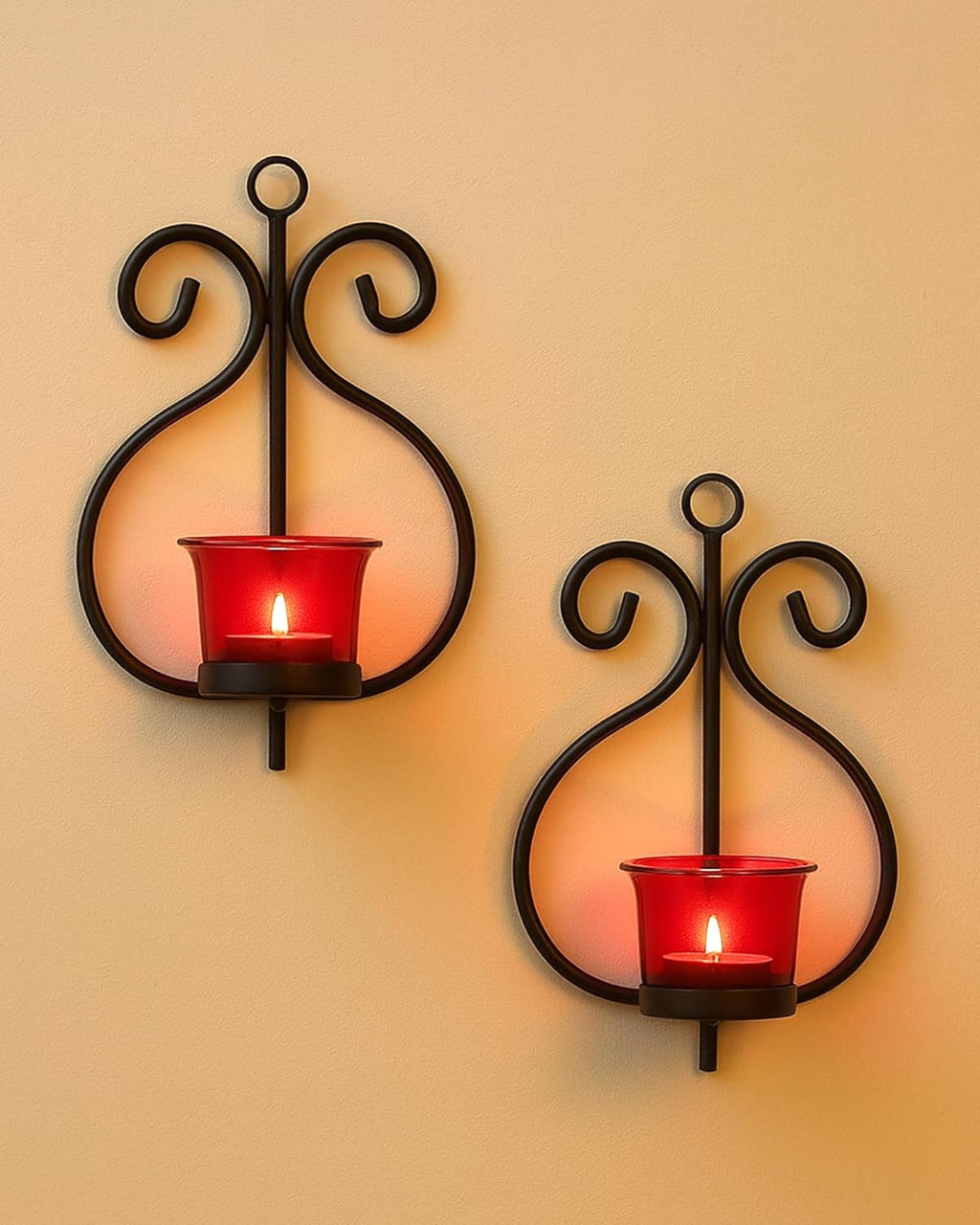 Homesake® Wall Candle Sconce Set of 2 Wrought Iron Candle Holder Hanging Wall Mounted Candle Sconces for Living Room Home Decor, Black with Glass and Free T-Light Candles (Eye Yellow Gold)