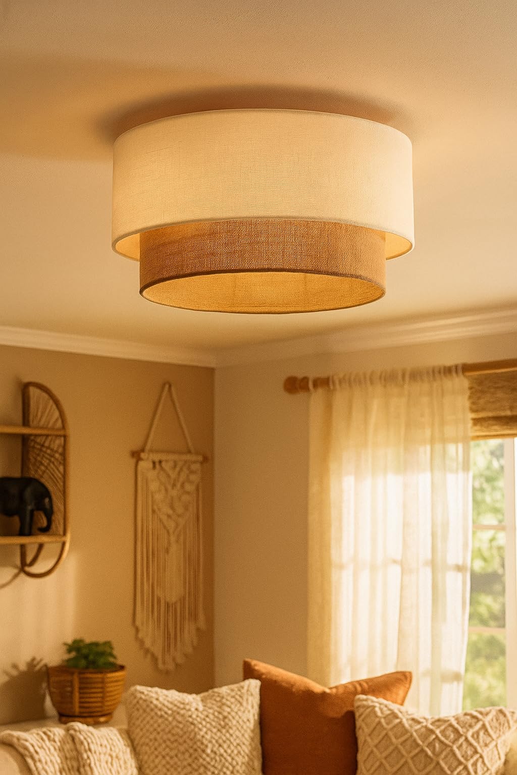 AKWAY Jute Hanging Lamp | Boho Ceiling Lamp for Bedroom, Living Room | Natural Jute Pendant Light | Perfect for Living Room, Dining Room or Office Lighting - (14" D x 10") - Tejas