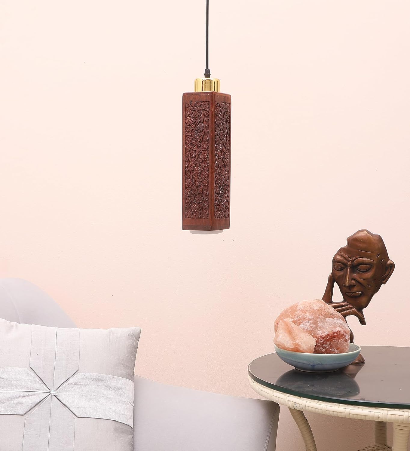 Green House Fully Handmade Sheesham Wood Hanging/Ceiling/Pendant Light | Intricate Carving | 9W in-Built Warm White LED | Brass Rivets | Perfect for Bedroom, Kitchen, Dining Room, Hallway