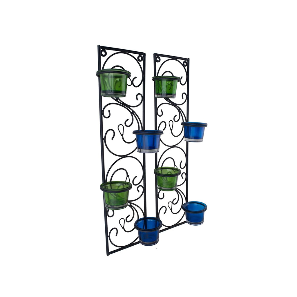 Homesake® Wall Candle Sconce Set of 2 Wrought Iron Candle Holder Hanging Wall Mounted Candle Sconces for Living Room Home Decor, Black with Glass and Free T-Light Candles (Eye Yellow Gold)