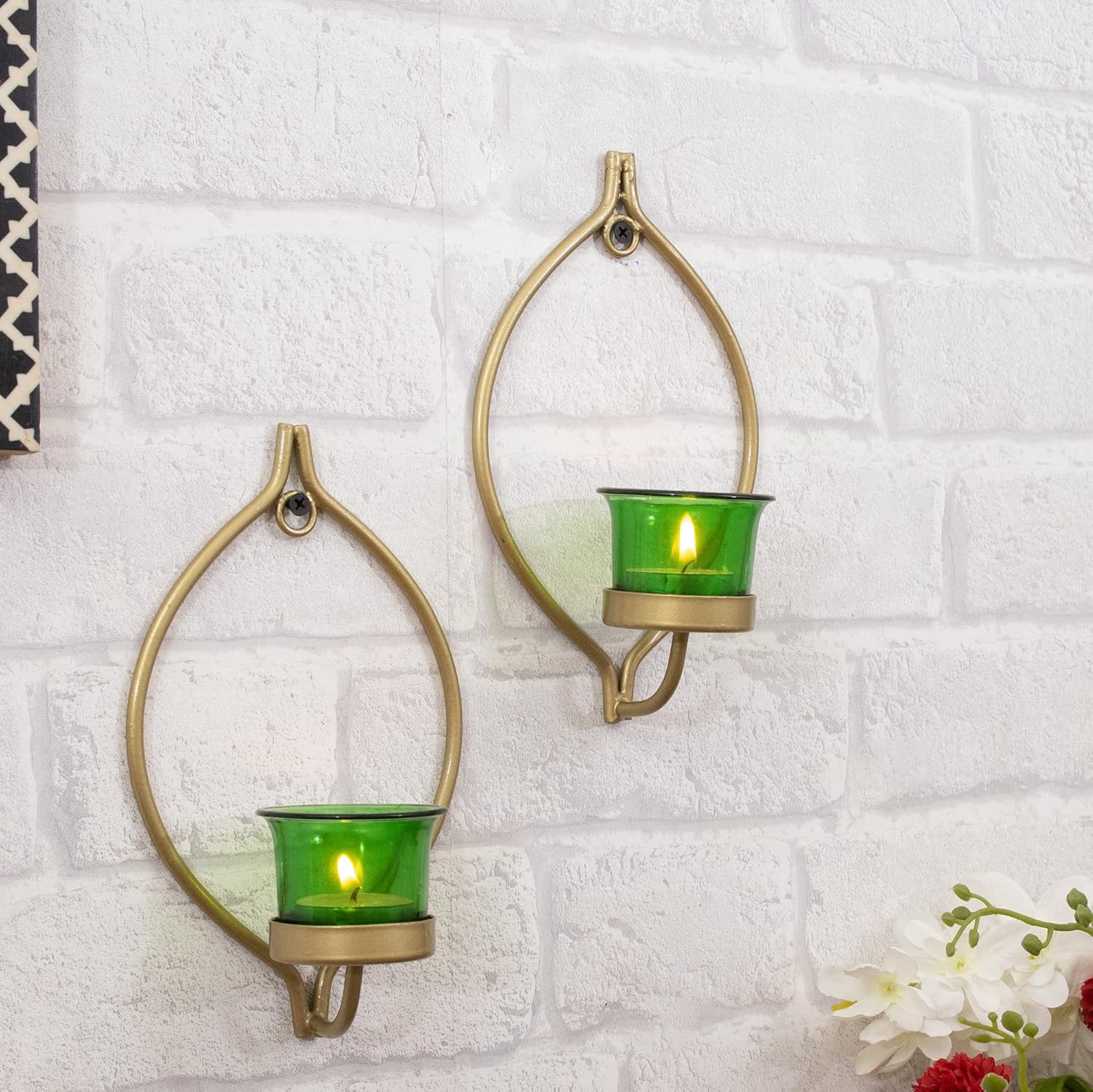 Homesake® Wall Candle Sconce Set of 2 Wrought Iron Candle Holder Hanging Wall Mounted Candle Sconces for Living Room Home Decor, Black with Glass and Free T-Light Candles (Eye Yellow Gold)