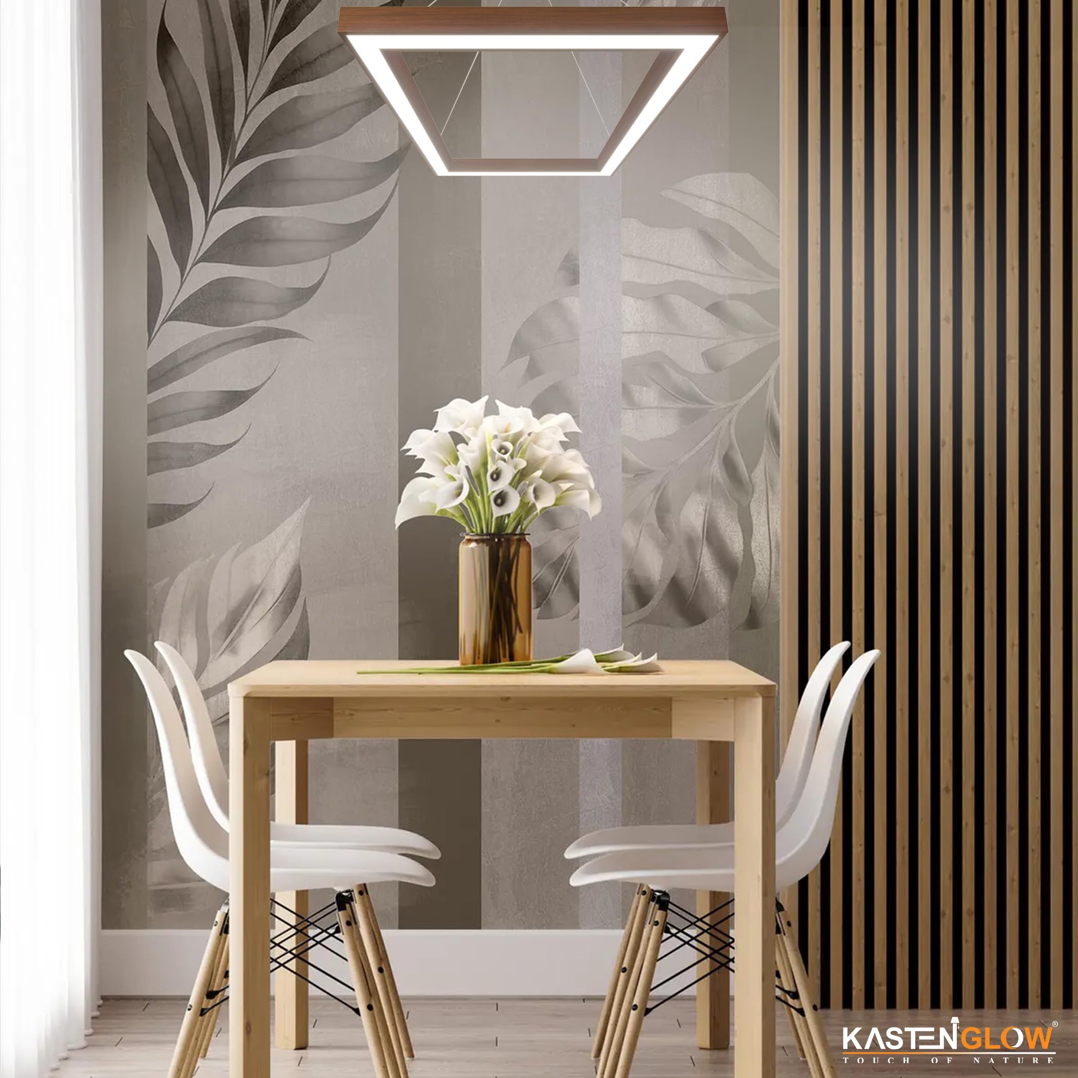 Decorative Rectangular LED Pendant Hanging Linear Lights, Wooden Ceiling Light for Living Room, Office, Dining Table, Kitchen | Wallnut Brown | 70×40 cm (28″×16″) - White LED