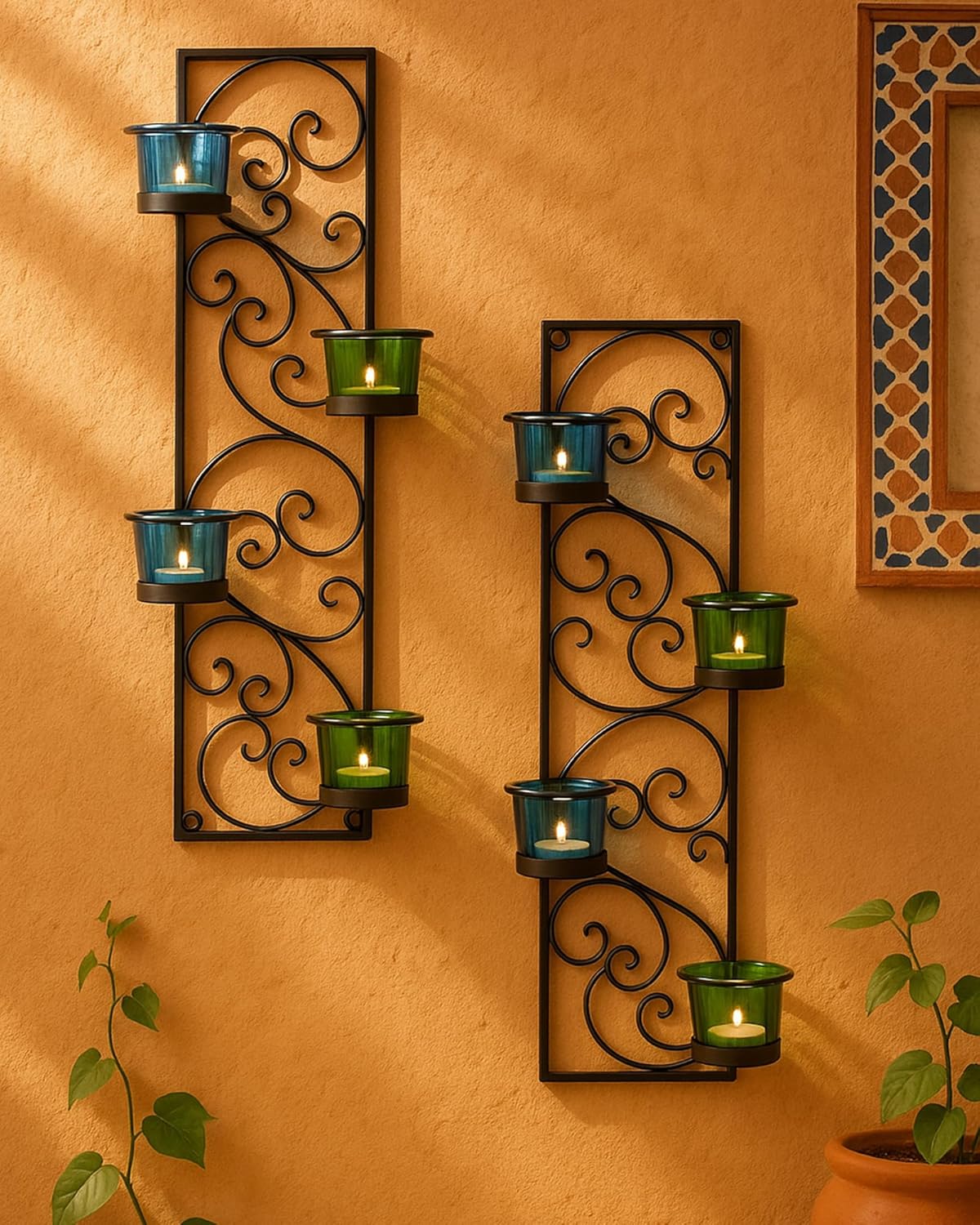 Homesake® Wall Candle Sconce Set of 2 Wrought Iron Candle Holder Hanging Wall Mounted Candle Sconces for Living Room Home Decor, Black with Glass and Free T-Light Candles (Eye Yellow Gold)