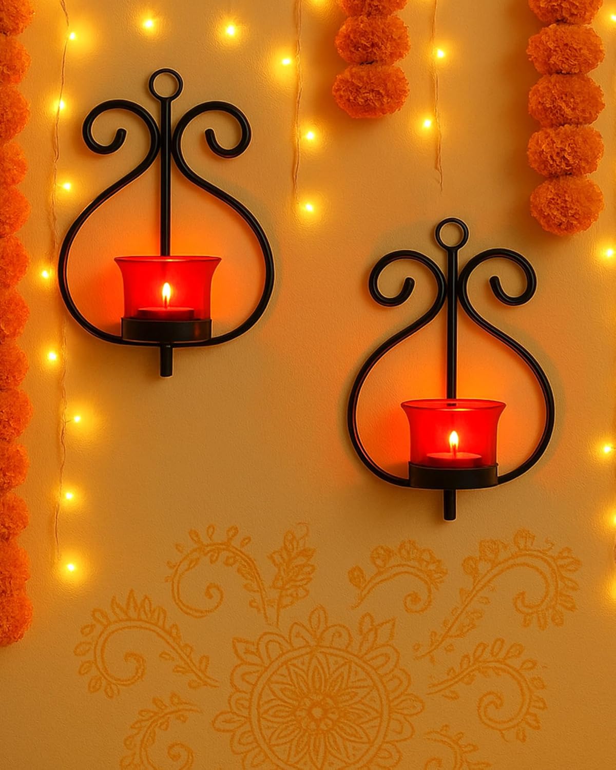 Homesake® Wall Candle Sconce Set of 2 Wrought Iron Candle Holder Hanging Wall Mounted Candle Sconces for Living Room Home Decor, Black with Glass and Free T-Light Candles (Eye Yellow Gold)