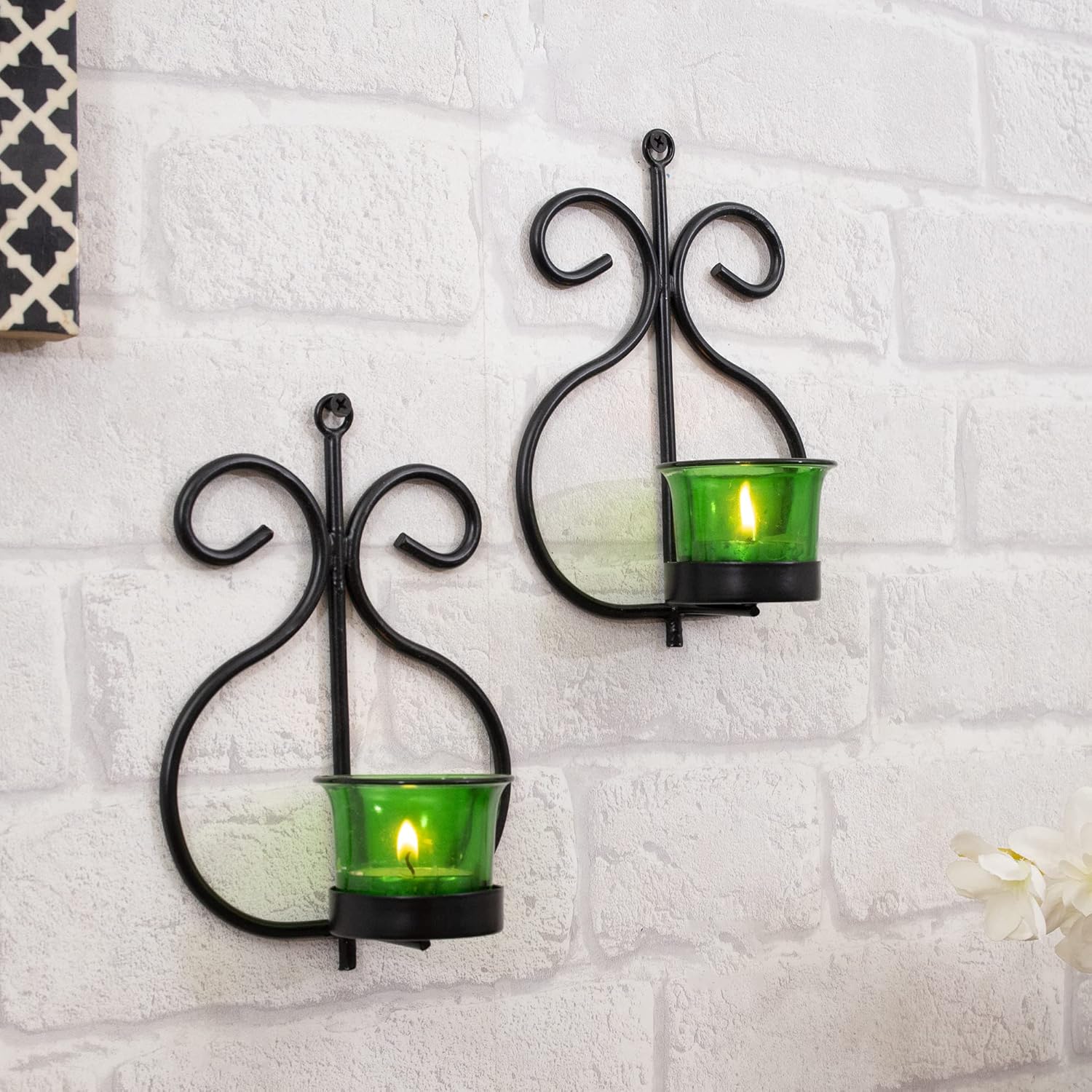 Homesake® Wall Candle Sconce Set of 2 Wrought Iron Candle Holder Hanging Wall Mounted Candle Sconces for Living Room Home Decor, Black with Glass and Free T-Light Candles (Eye Yellow Gold)