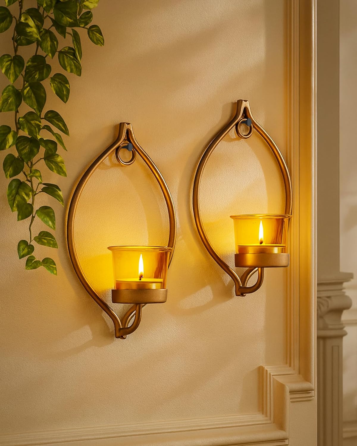 Homesake® Wall Candle Sconce Set of 2 Wrought Iron Candle Holder Hanging Wall Mounted Candle Sconces for Living Room Home Decor, Black with Glass and Free T-Light Candles (Eye Yellow Gold)