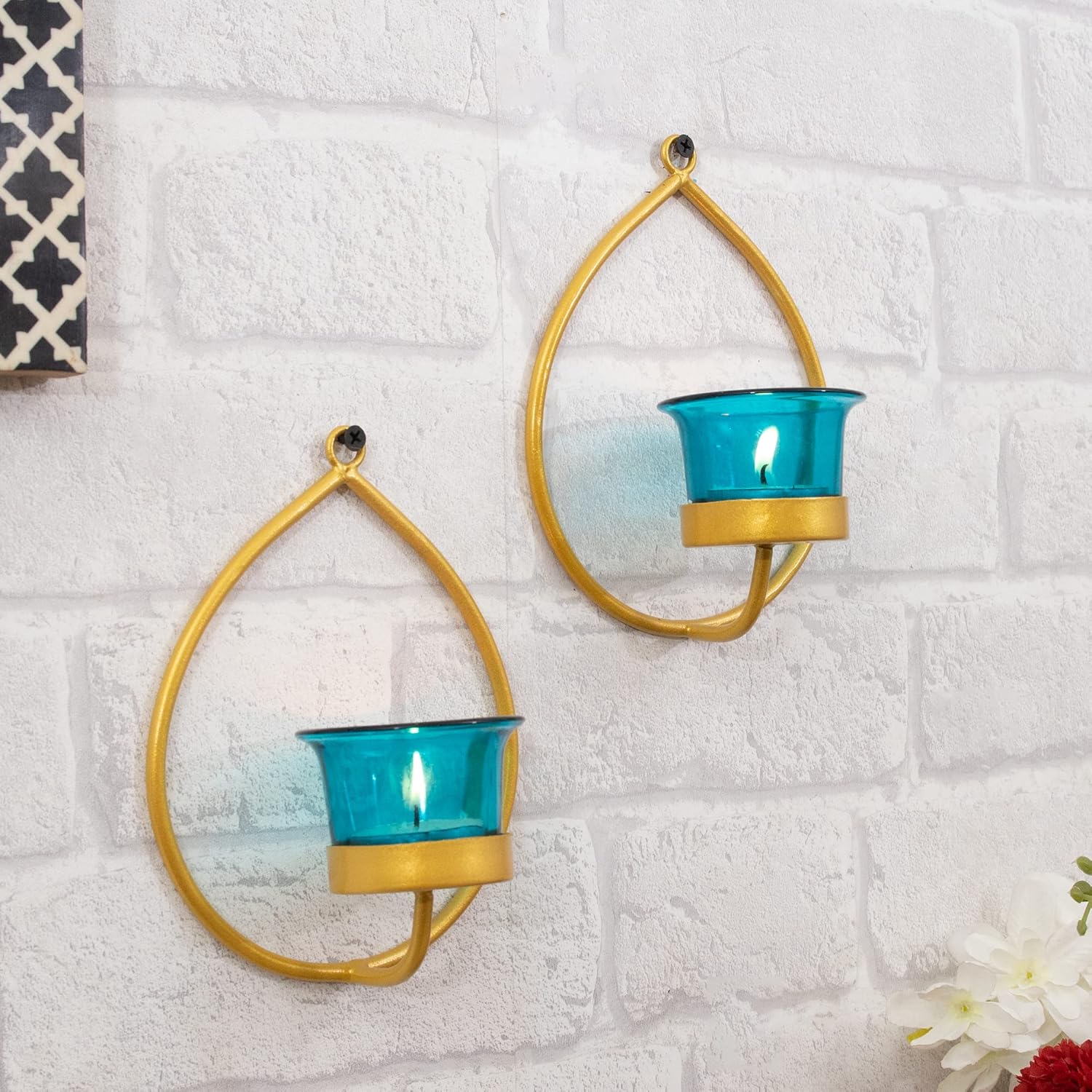 Homesake® Wall Candle Sconce Set of 2 Wrought Iron Candle Holder Hanging Wall Mounted Candle Sconces for Living Room Home Decor, Black with Glass and Free T-Light Candles (Eye Yellow Gold)