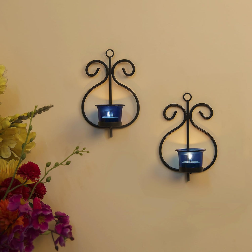 Homesake® Wall Candle Sconce Set of 2 Wrought Iron Candle Holder Hanging Wall Mounted Candle Sconces for Living Room Home Decor, Black with Glass and Free T-Light Candles (Eye Yellow Gold)