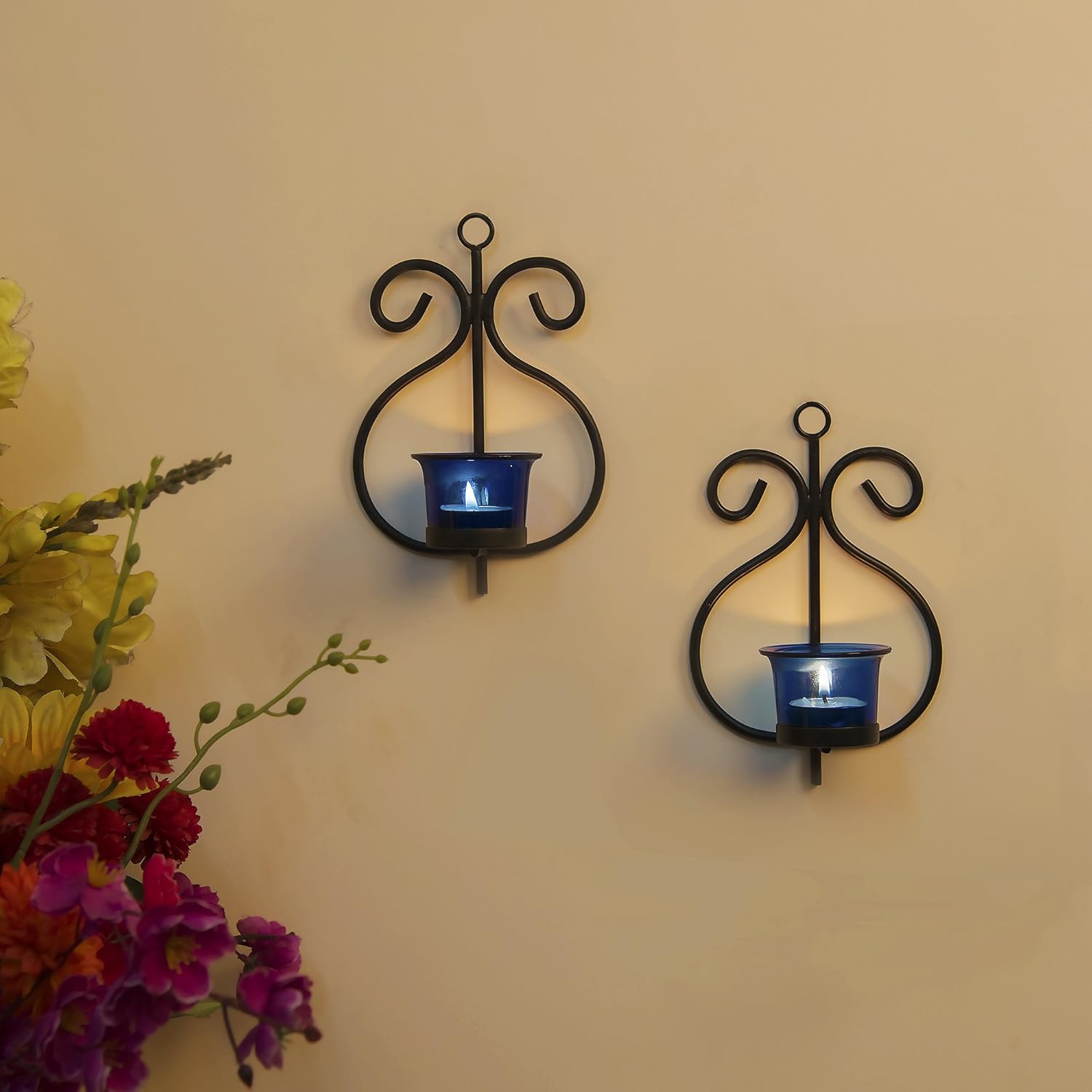 Homesake® Wall Candle Sconce Set of 2 Wrought Iron Candle Holder Hanging Wall Mounted Candle Sconces for Living Room Home Decor, Black with Glass and Free T-Light Candles (Eye Yellow Gold)