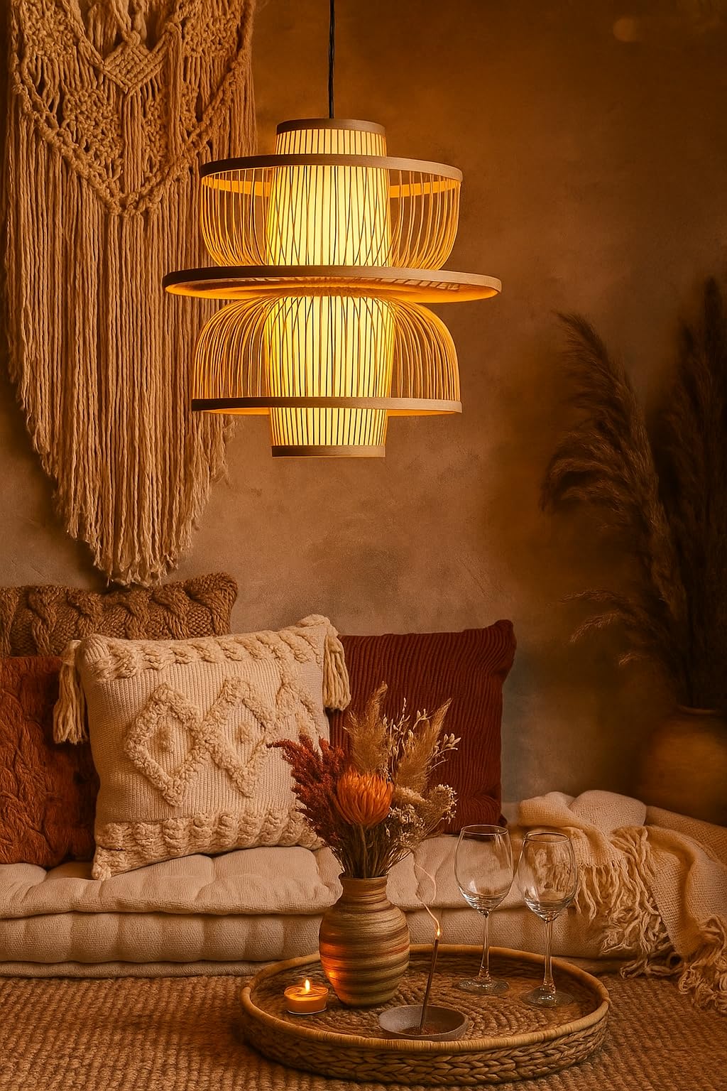 AKWAY Rattan Hanging lamp for Living Room | Bamboo Hanging Light for Bedroom | Cane Wicker Pendant lamp for Home Decoration (Bulb Not Included) (Bamboo Ceiling Lamp with Diffuser)