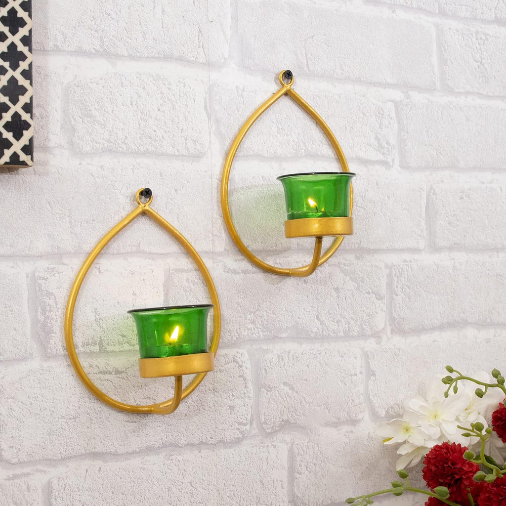 Homesake® Wall Candle Sconce Set of 2 Wrought Iron Candle Holder Hanging Wall Mounted Candle Sconces for Living Room Home Decor, Black with Glass and Free T-Light Candles (Eye Yellow Gold)