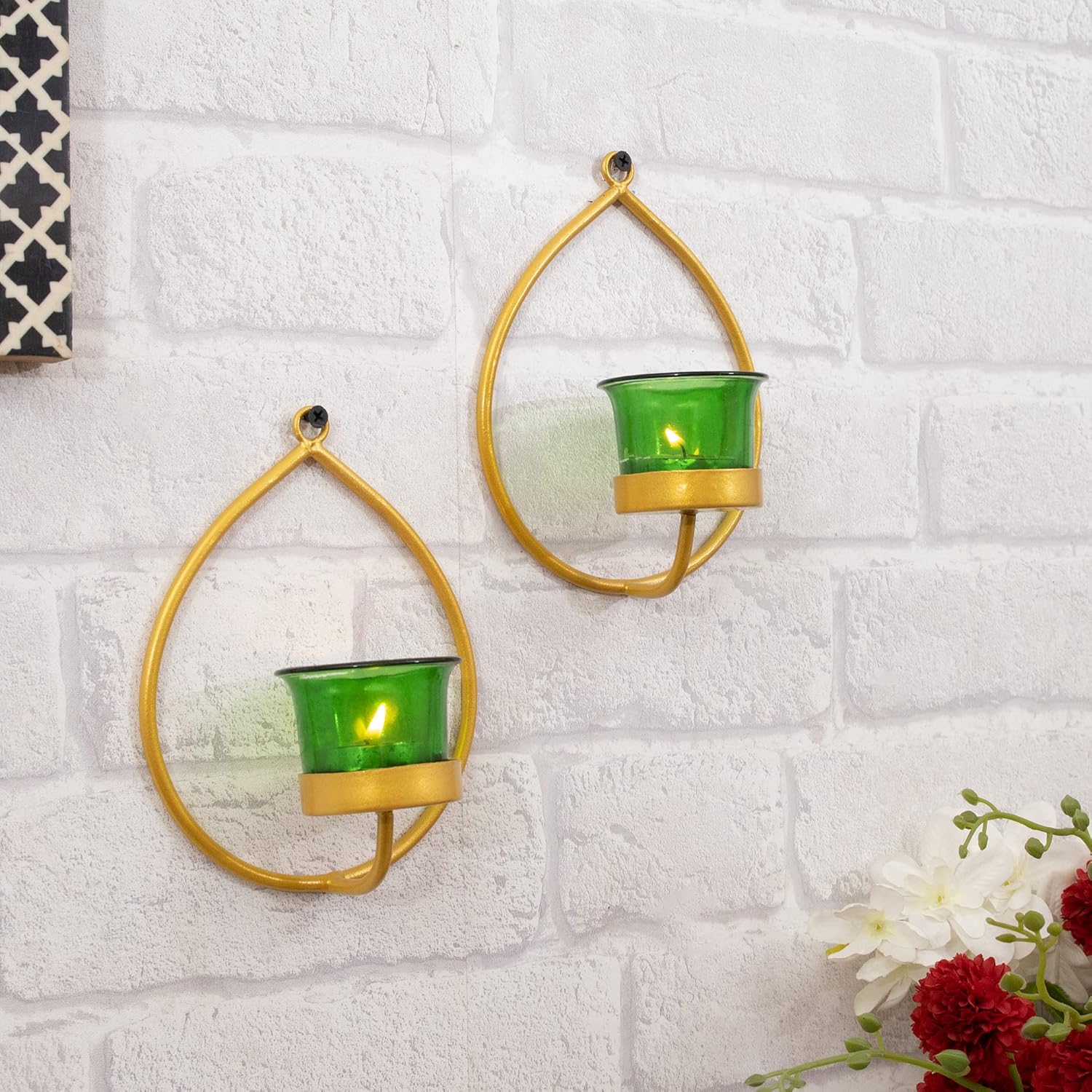 Homesake® Wall Candle Sconce Set of 2 Wrought Iron Candle Holder Hanging Wall Mounted Candle Sconces for Living Room Home Decor, Black with Glass and Free T-Light Candles (Eye Yellow Gold)