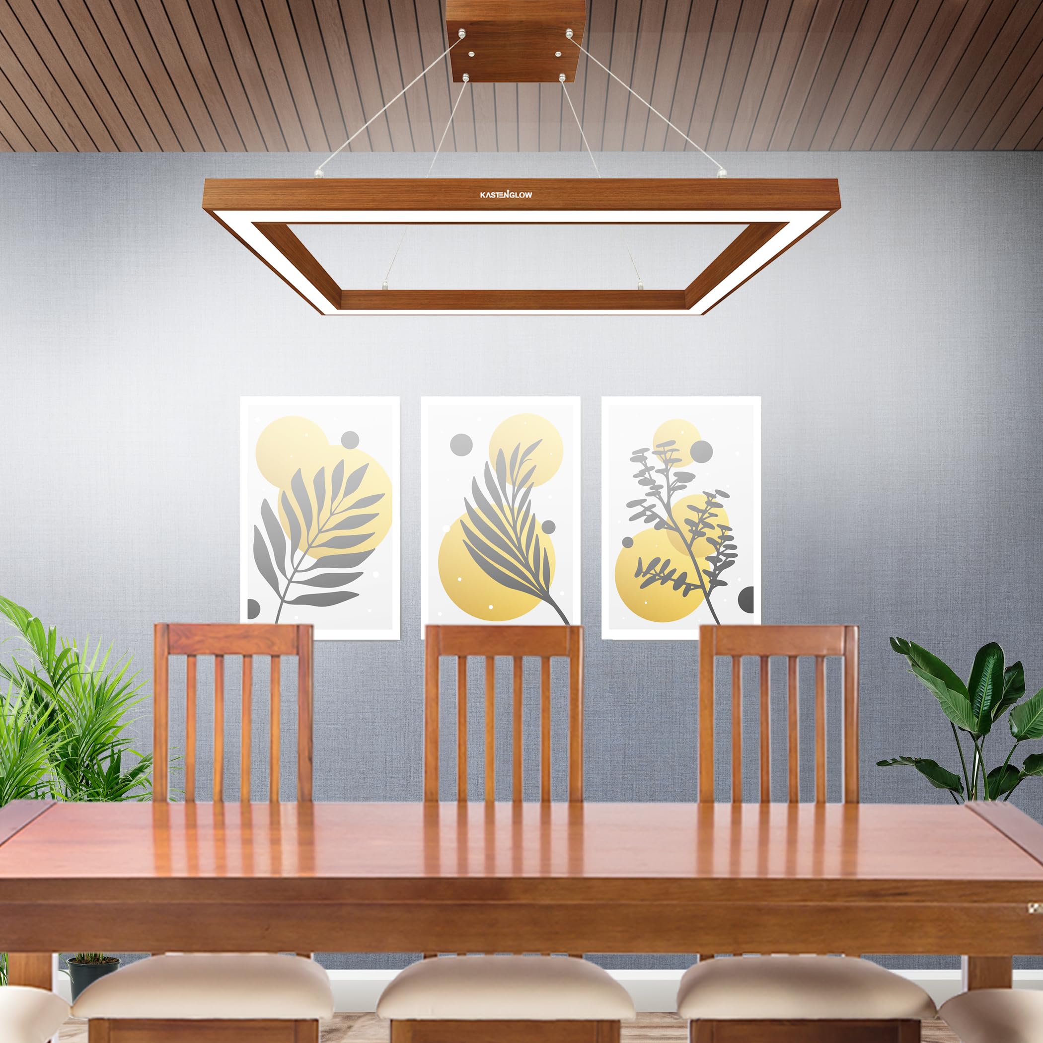 Decorative Rectangular LED Pendant Hanging Linear Lights, Wooden Ceiling Light for Living Room, Office, Dining Table, Kitchen | Wallnut Brown | 70×40 cm (28″×16″) - White LED