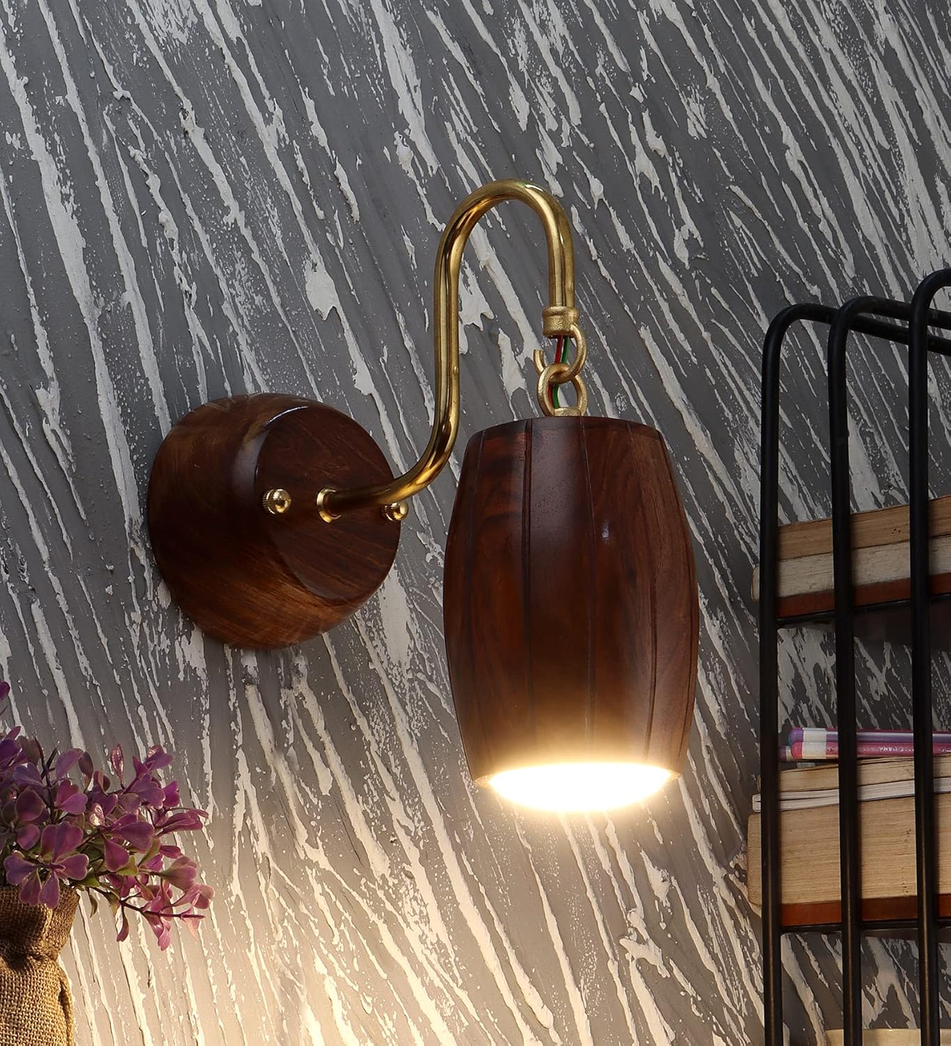 Green House Handmade Sheesham Wood Wall Light Lamp | Unique Barrel Design | Stylish Fancy Home Decor Lighting | In-Built 9W Warm White LED | Decorative Lighting for Bedroom, Living Room, Dining Room