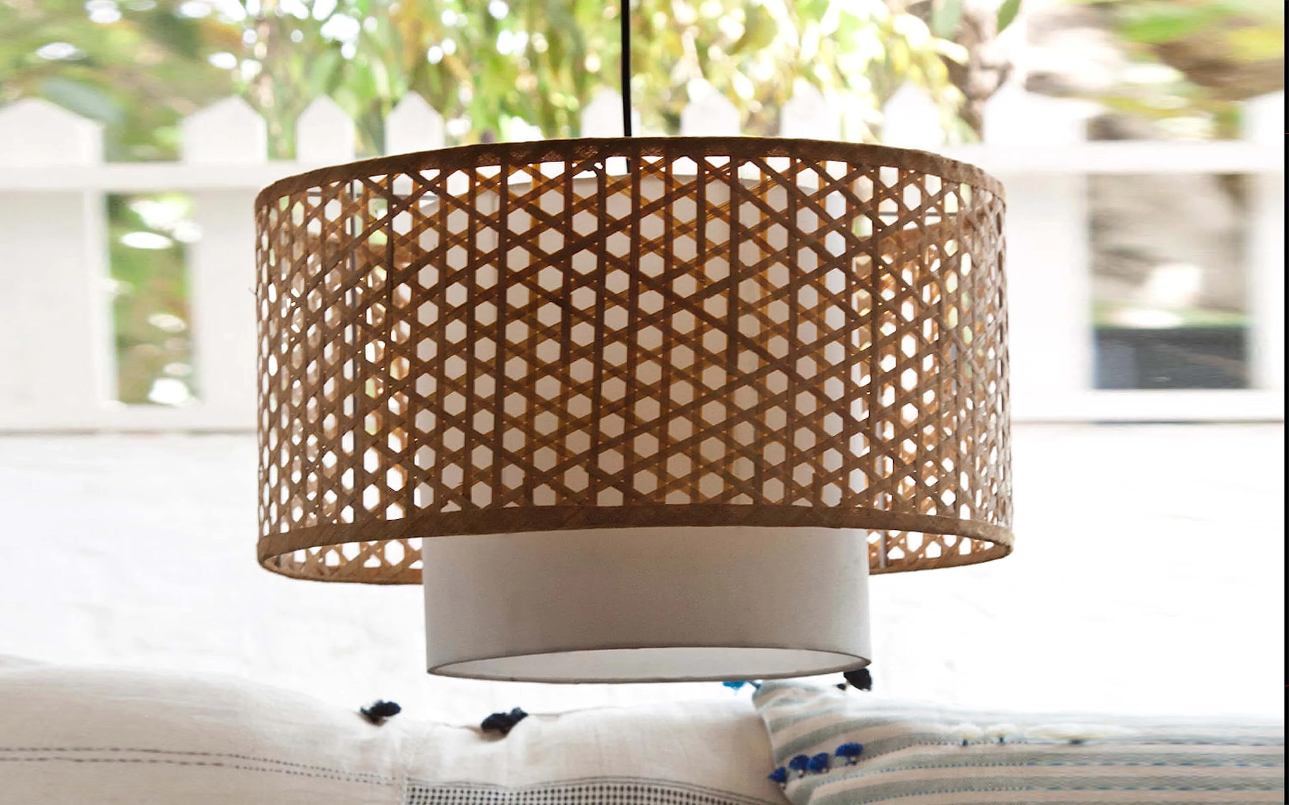 AKWAY Rattan Hanging lamp for Living Room | Bamboo Hanging Light for Bedroom | Cane Wicker Pendant lamp for Home Decoration (Bulb Not Included) (Bamboo Ceiling Lamp with Diffuser)