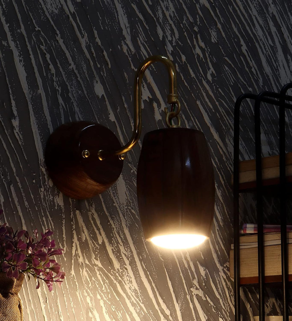 Green House Handmade Sheesham Wood Wall Light Lamp | Unique Barrel Design | Stylish Fancy Home Decor Lighting | In-Built 9W Warm White LED | Decorative Lighting for Bedroom, Living Room, Dining Room