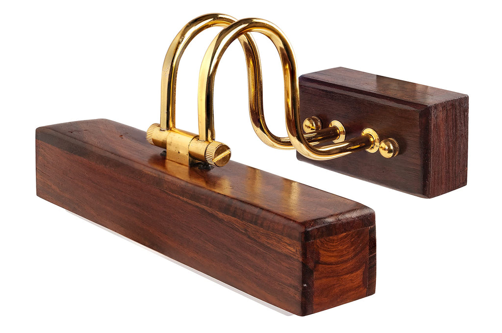 Green House Handmade Sheesham Wood Wall Light for Dressing Table/Mirror/Vanity/Bedroom/Bathroom/Living Room with 10W in-Built Tri-Colour LED/9 inches Wide/Gold Plated Brass Bands/Rivets/Moving Set