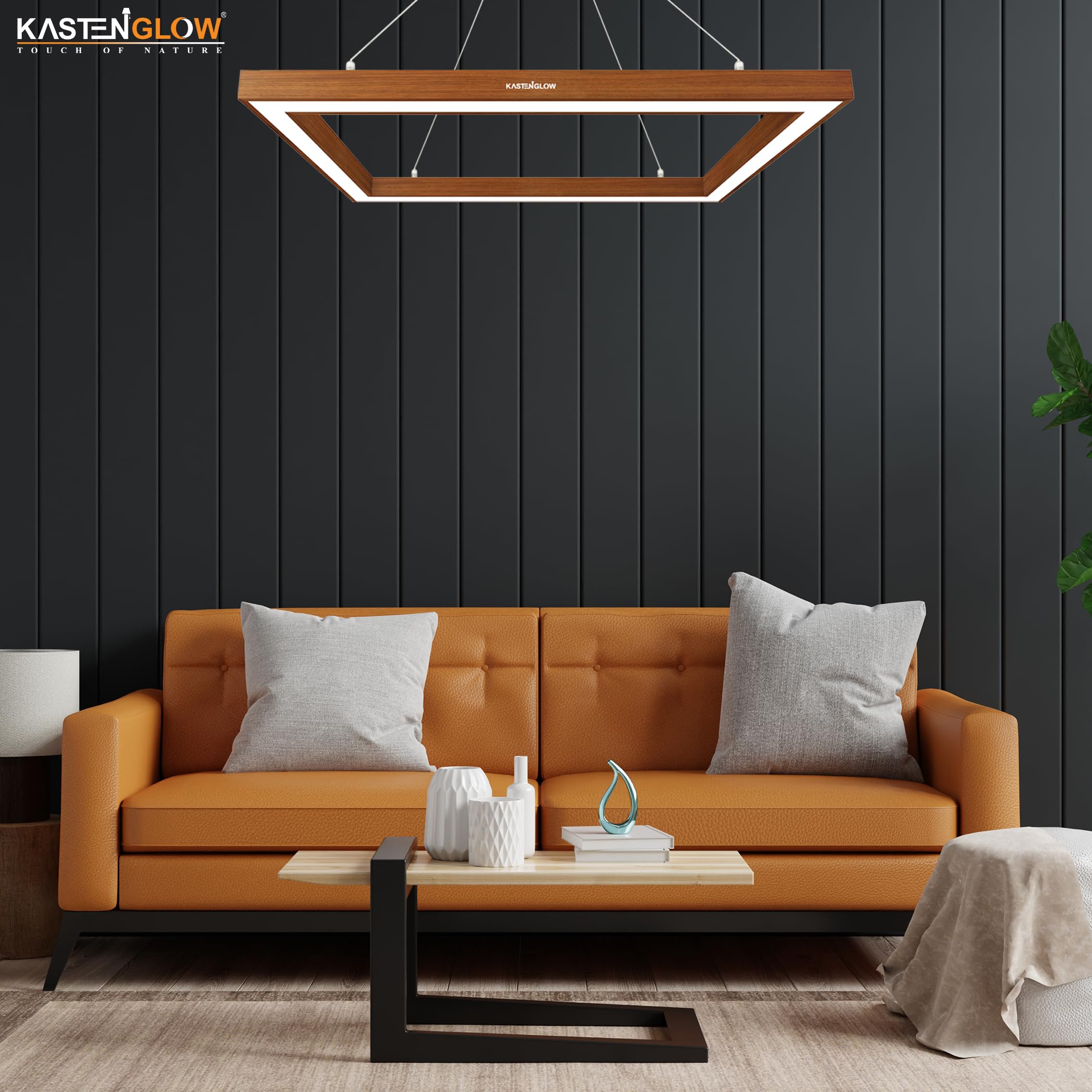 Decorative Rectangular LED Pendant Hanging Linear Lights, Wooden Ceiling Light for Living Room, Office, Dining Table, Kitchen | Wallnut Brown | 70×40 cm (28″×16″) - White LED