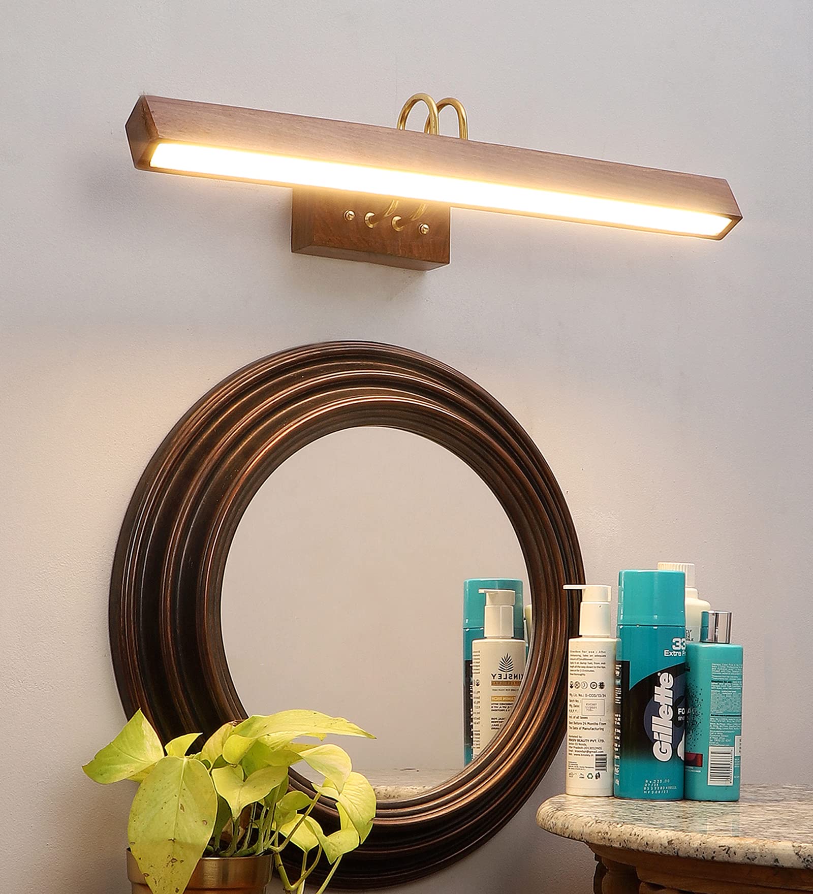 Green House Handmade Sheesham Wood Wall Light for Dressing Table/Mirror/Vanity/Bedroom/Bathroom/Living Room with 10W in-Built Tri-Colour LED/9 inches Wide/Gold Plated Brass Bands/Rivets/Moving Set