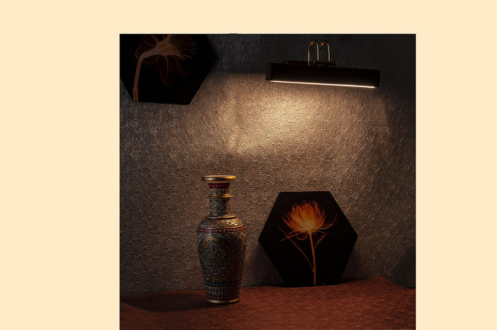 Green House Handmade Sheesham Wood Wall Light for Dressing Table/Mirror/Vanity/Bedroom/Bathroom/Living Room with 10W in-Built Tri-Colour LED/9 inches Wide/Gold Plated Brass Bands/Rivets/Moving Set