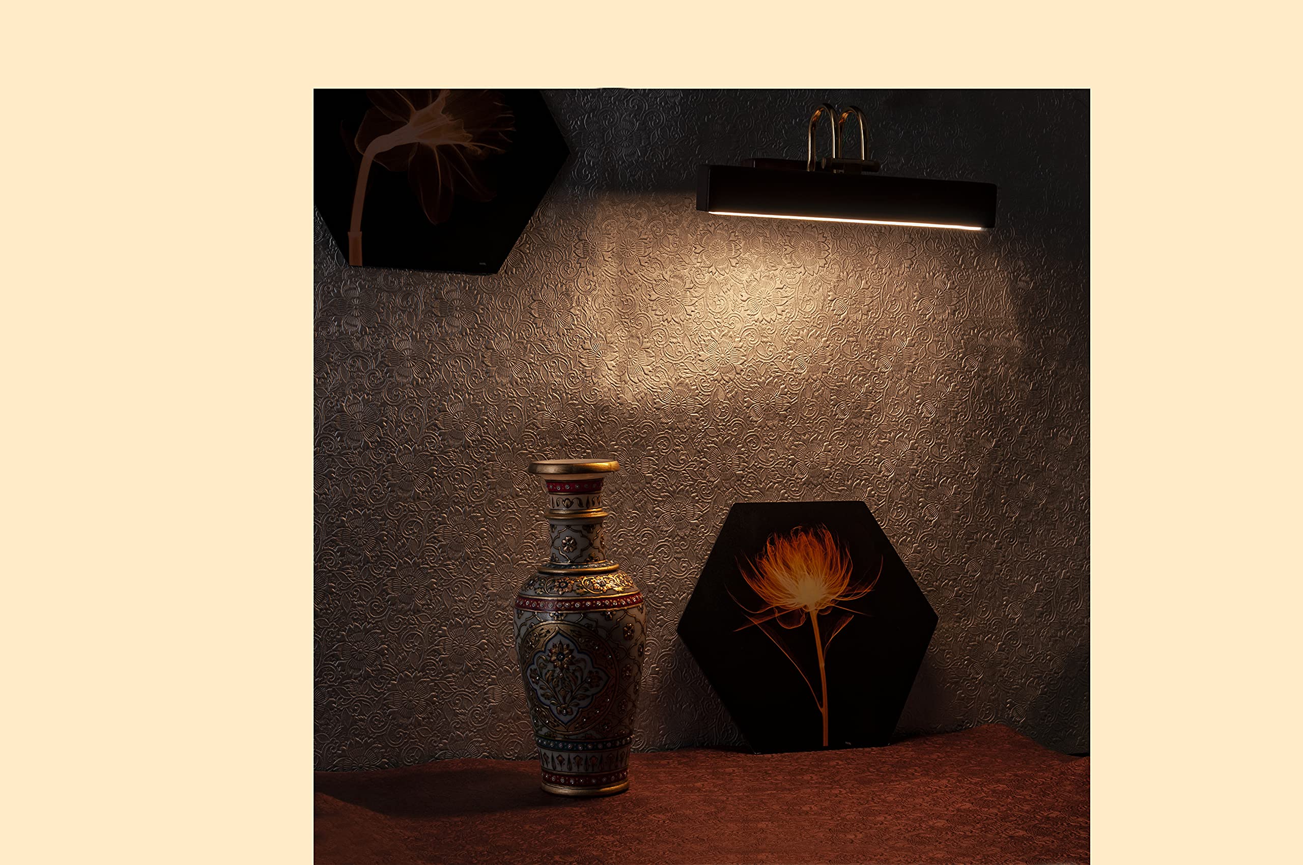 Green House Handmade Sheesham Wood Wall Light for Dressing Table/Mirror/Vanity/Bedroom/Bathroom/Living Room with 10W in-Built Tri-Colour LED/9 inches Wide/Gold Plated Brass Bands/Rivets/Moving Set