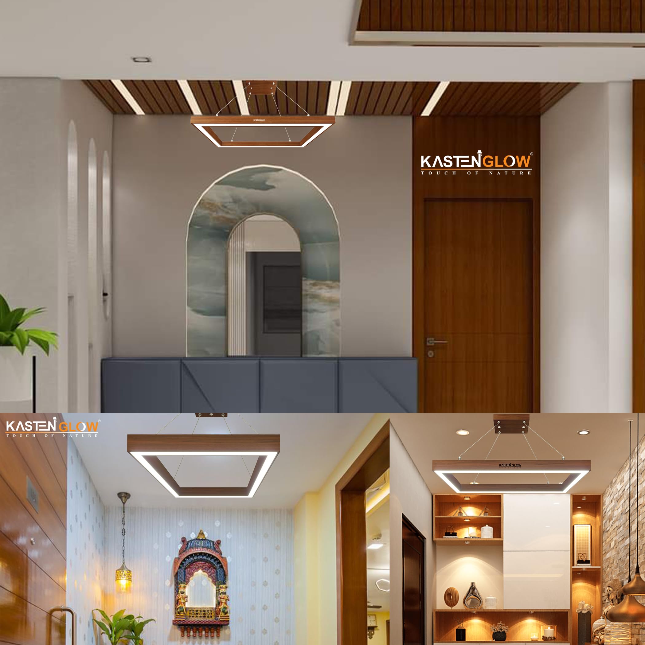 Decorative Rectangular LED Pendant Hanging Linear Lights, Wooden Ceiling Light for Living Room, Office, Dining Table, Kitchen | Wallnut Brown | 70×40 cm (28″×16″) - White LED