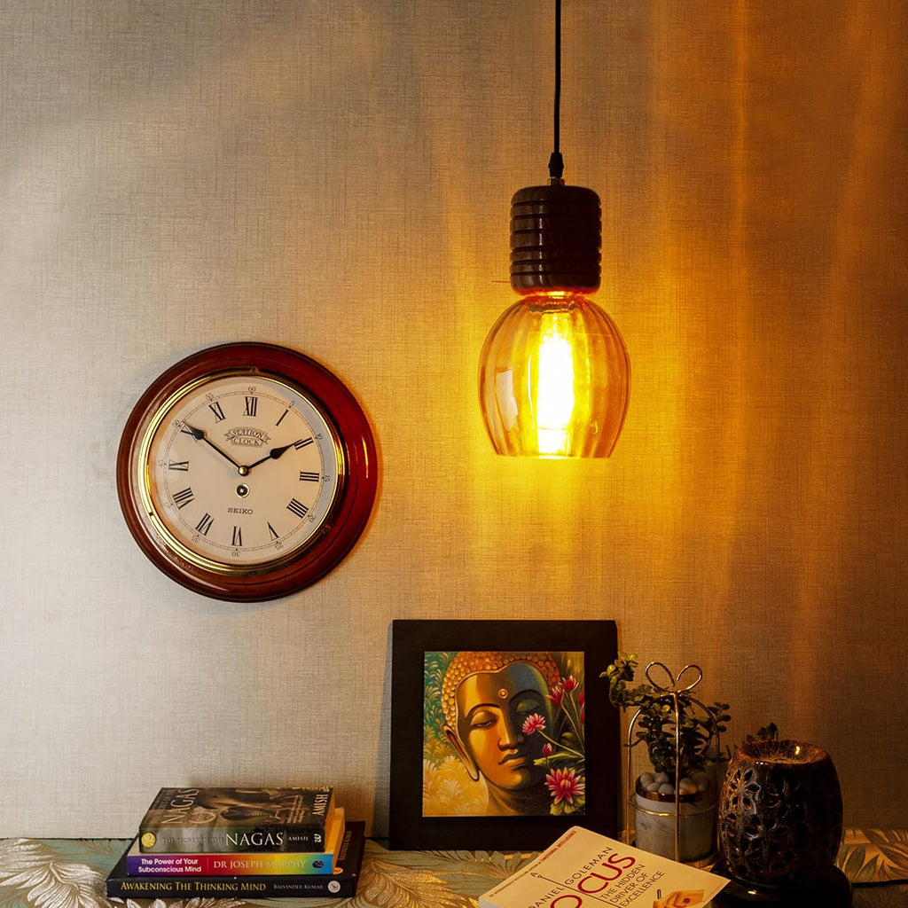 Green House Handmade Sheesham Wood Hanging Pendant Ceiling Jhumar | Home Decor Lighting | E27 Bulb Holder(Bulb not Included) | Lustre Glass | Living Room, Dining Room, Bedroom, Hallway