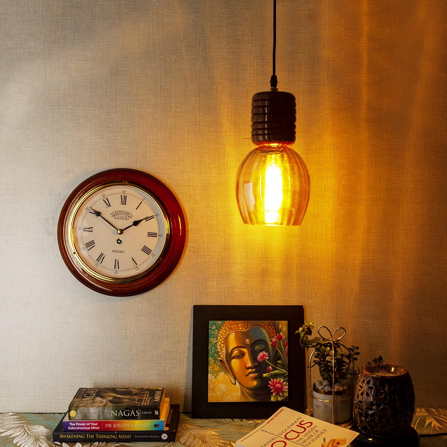 Green House Handmade Sheesham Wood Hanging Pendant Ceiling Jhumar | Home Decor Lighting | E27 Bulb Holder(Bulb not Included) | Lustre Glass | Living Room, Dining Room, Bedroom, Hallway